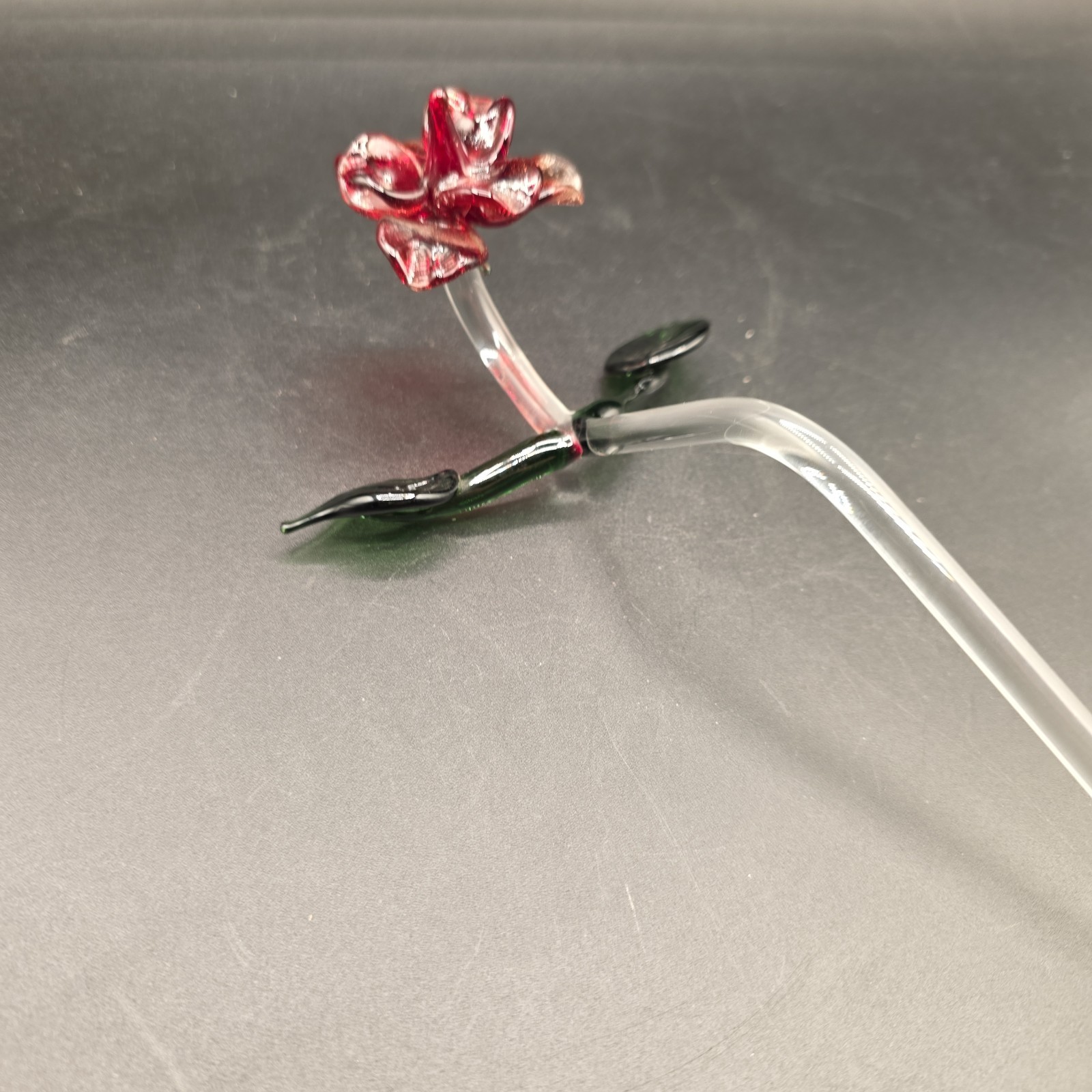 Glass Long Stem Red Rose with Green Leaves 10″ Applied Blown