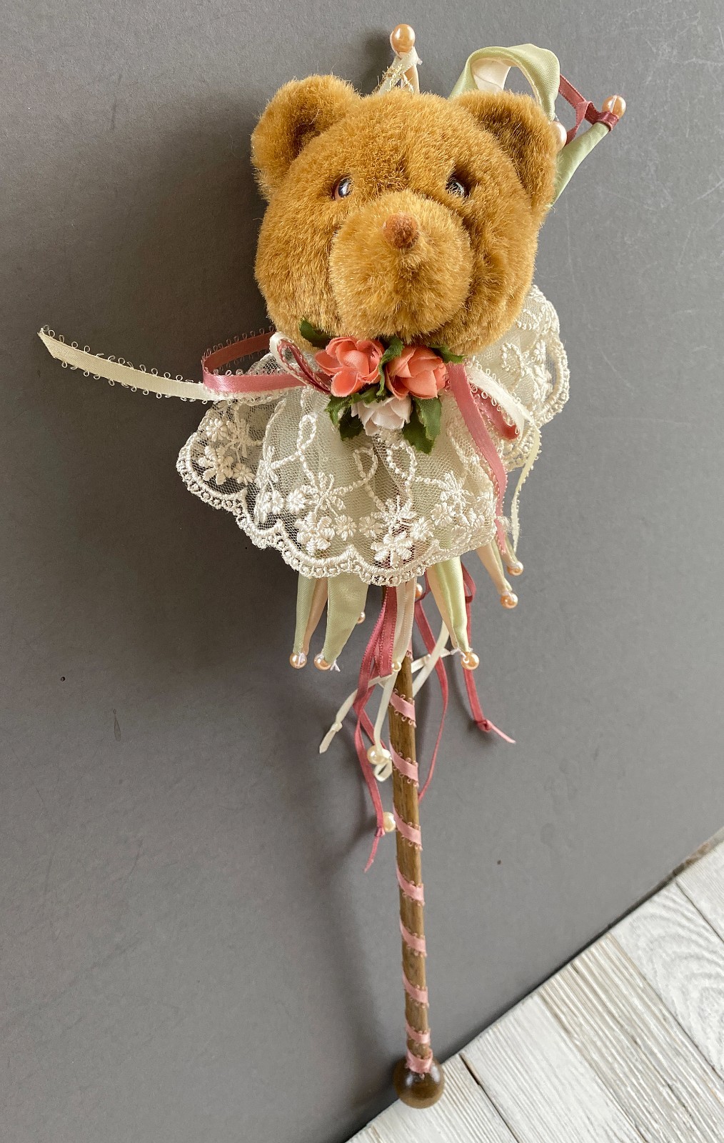 Fancy Teddy Bear with Ribbons, Lace, Flowers on a Stick ~ Unique Wall Decor