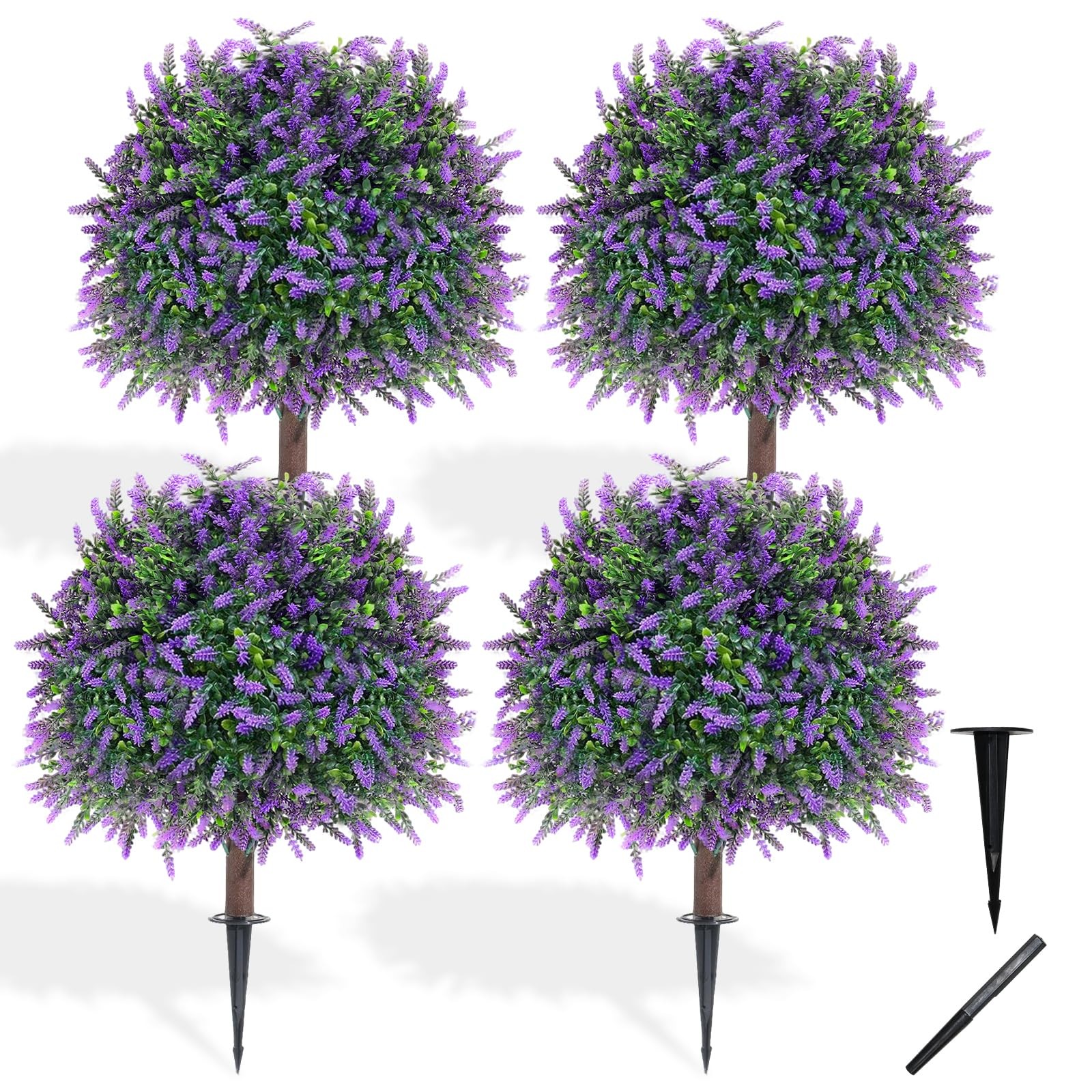 LRTCG Artificial Lavender Topiary Ball Trees, Set of 4 with Ground Spike, UV …