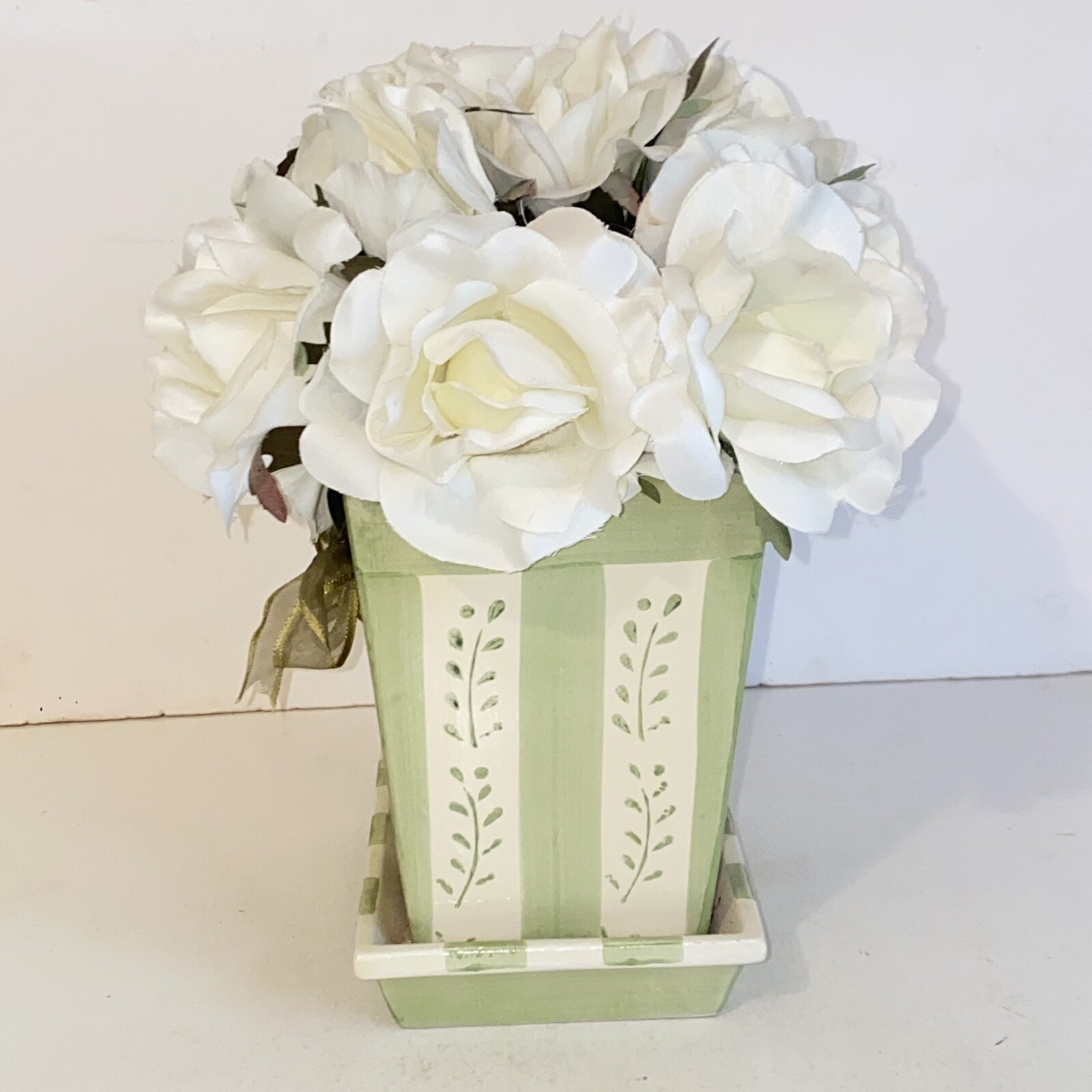 White Rose Floral Arrangement in Green & White Ceramic Holder Vase Planter