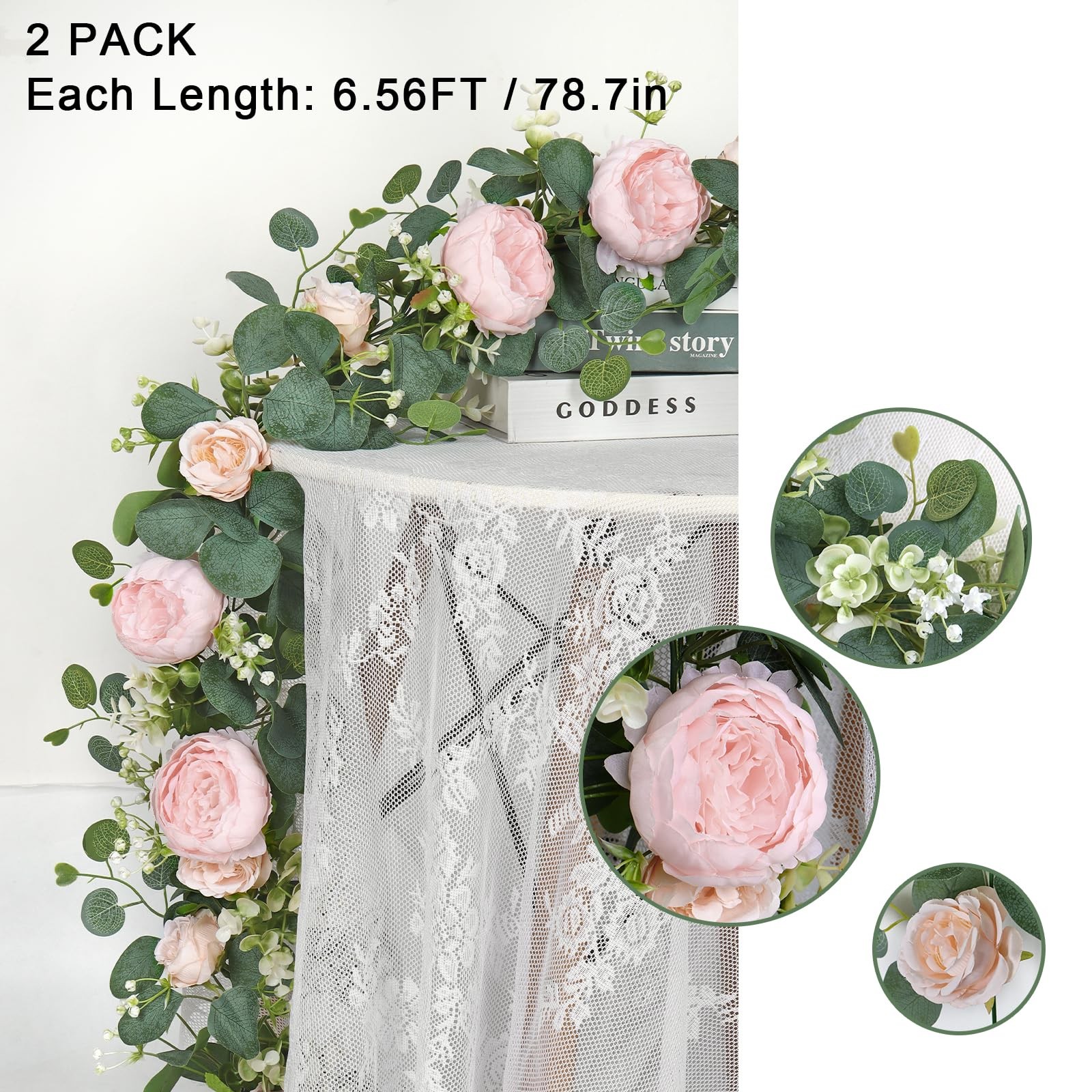 2 Pack 13FT Flower Garland, Artificial Rose Vine Fake Flower Garland Silk Ros…