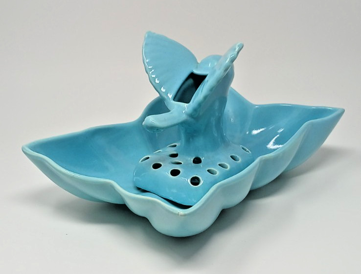 Vintage Camark Pottery Blue Leaf Console Bowl with Blue Bird Flower Frog MINT