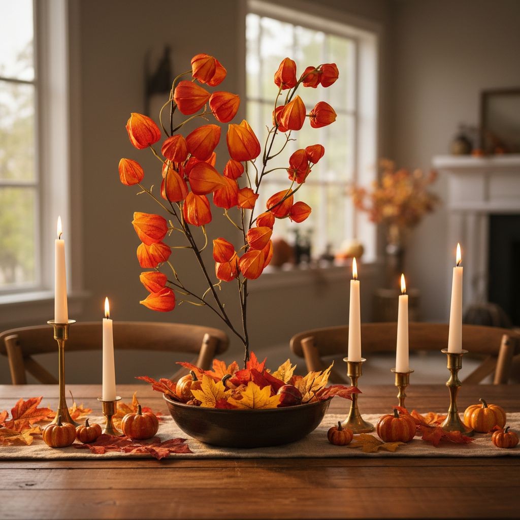 Artificial Orange Chinese Lantern Flower Stems Set of 2 Tall Faux Autumn Branche