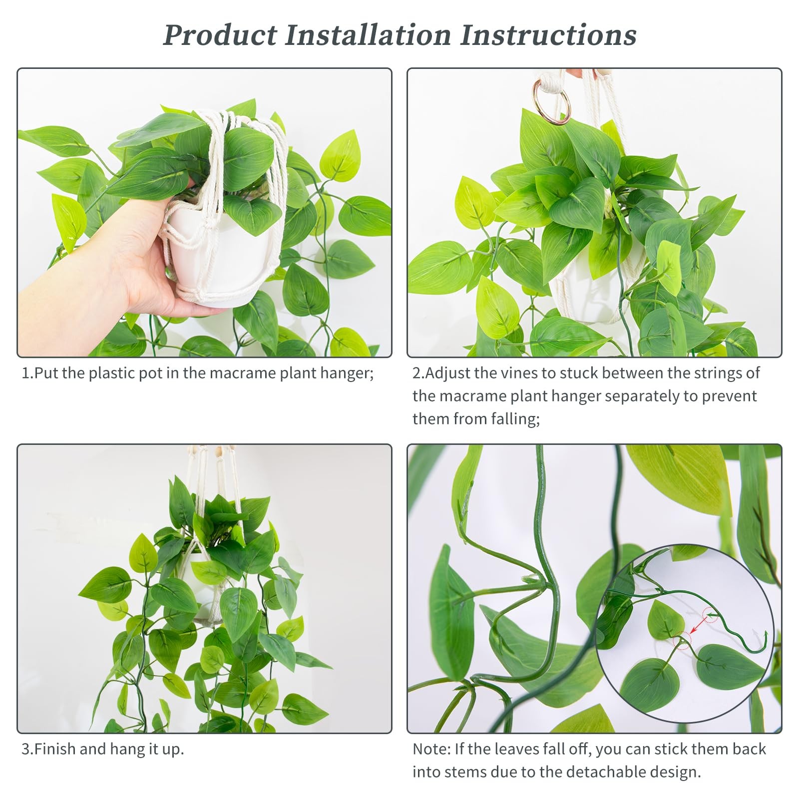 2 Pack 39 Inch Artificial Hanging Plant Kit Fake Pothos Vines White Pot