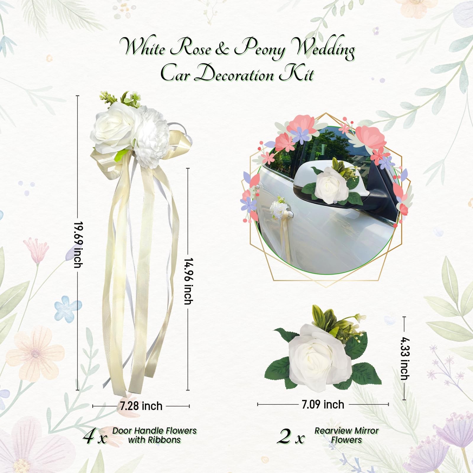 6 PCS White Rose & Peony Wedding Car Decoration Kit – Floral Bouquet Car Door…