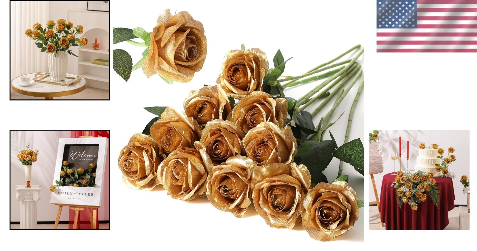 Lifelike Artificial Roses – 12pcs Long Stem Bouquet Gold