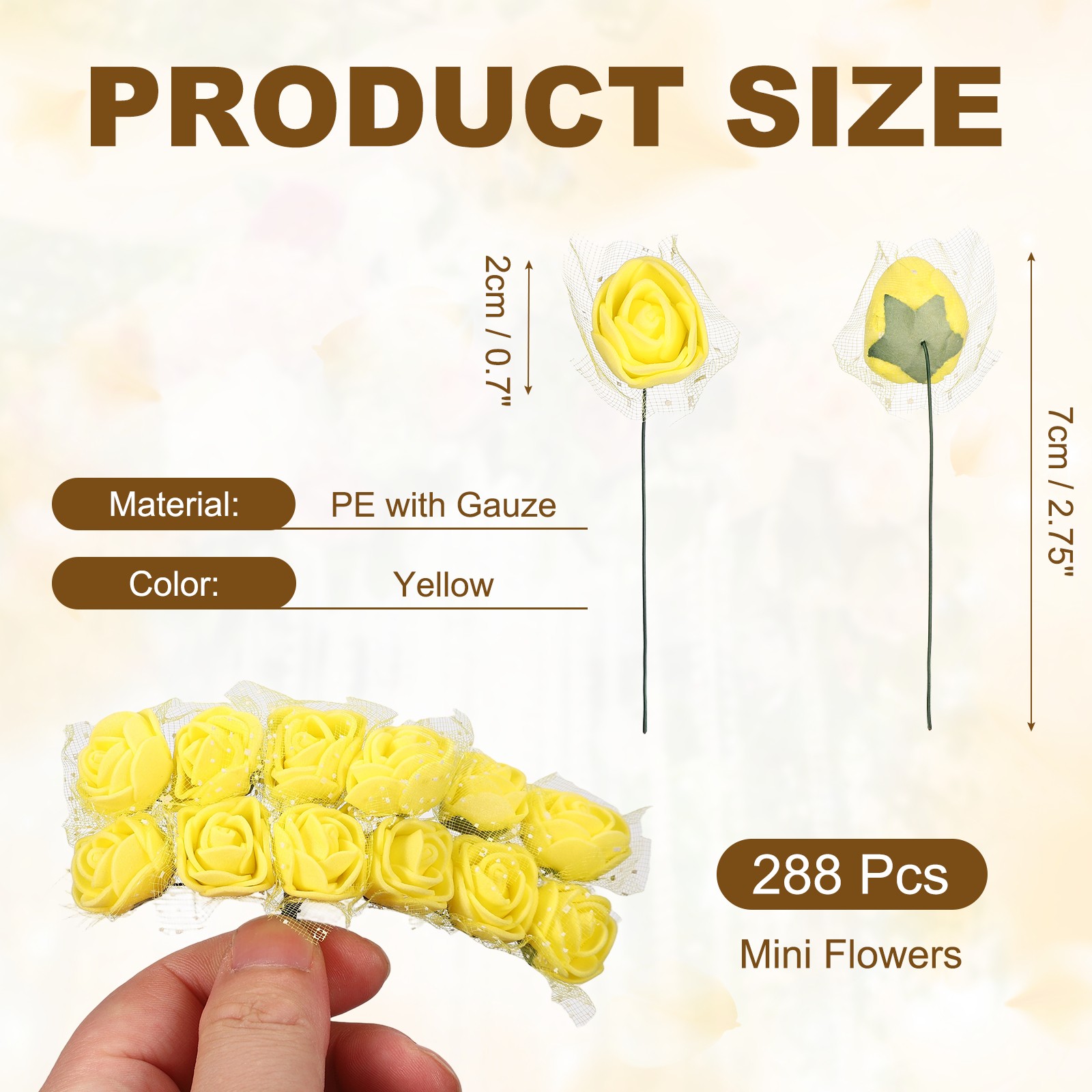 288 Pcs Mini Artificial Rose Flower Heads and Stem, Yellow