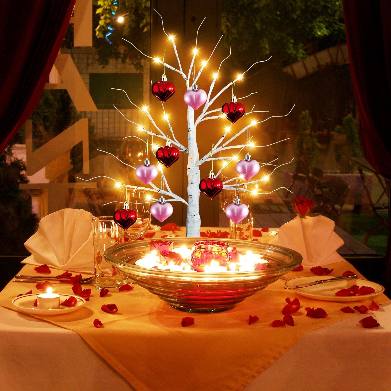 2 PCS 24 Inch Lighted Birch Tree 10 Heart Ornaments 24 LED Tabletop Decor Lamp