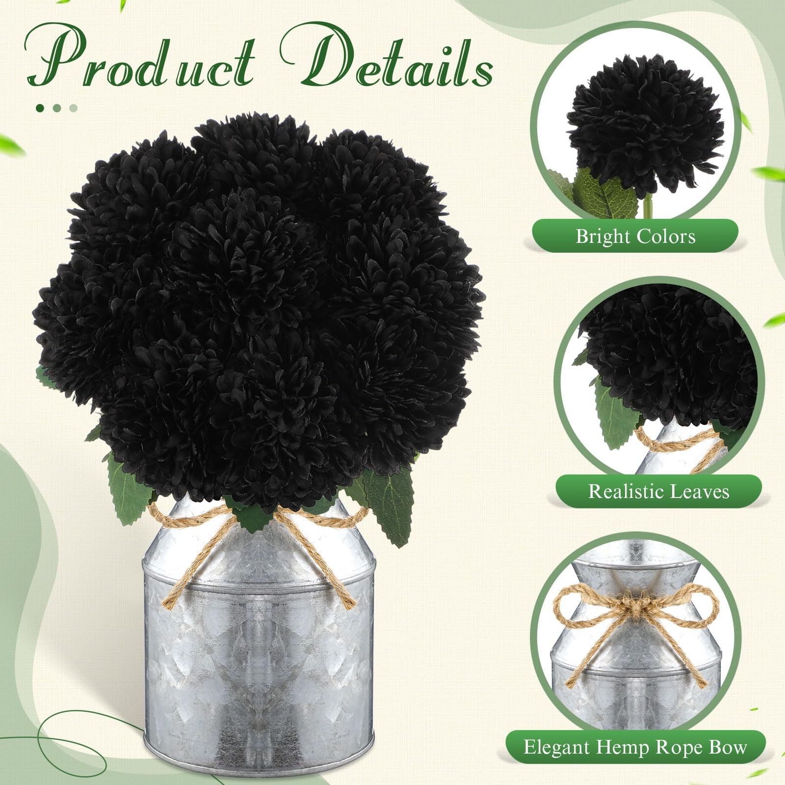 9 PCS Artificial Marigold Silk Flowers Metal Pot Day of The Dead Decor Black