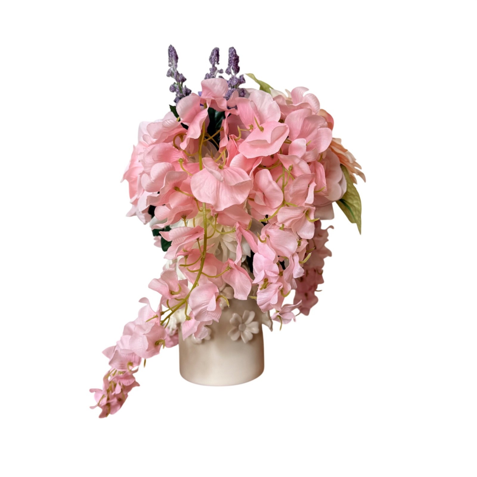 Pink Silk Floral Arrangement White Daisy Ceramic Vase Hydrangea Dahlia Decor