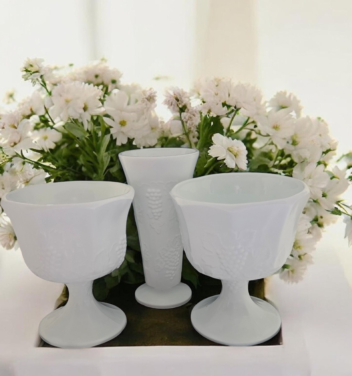 Vintage Milk Glass Lot of 3 Grape Pattern Vases & Compote Set White