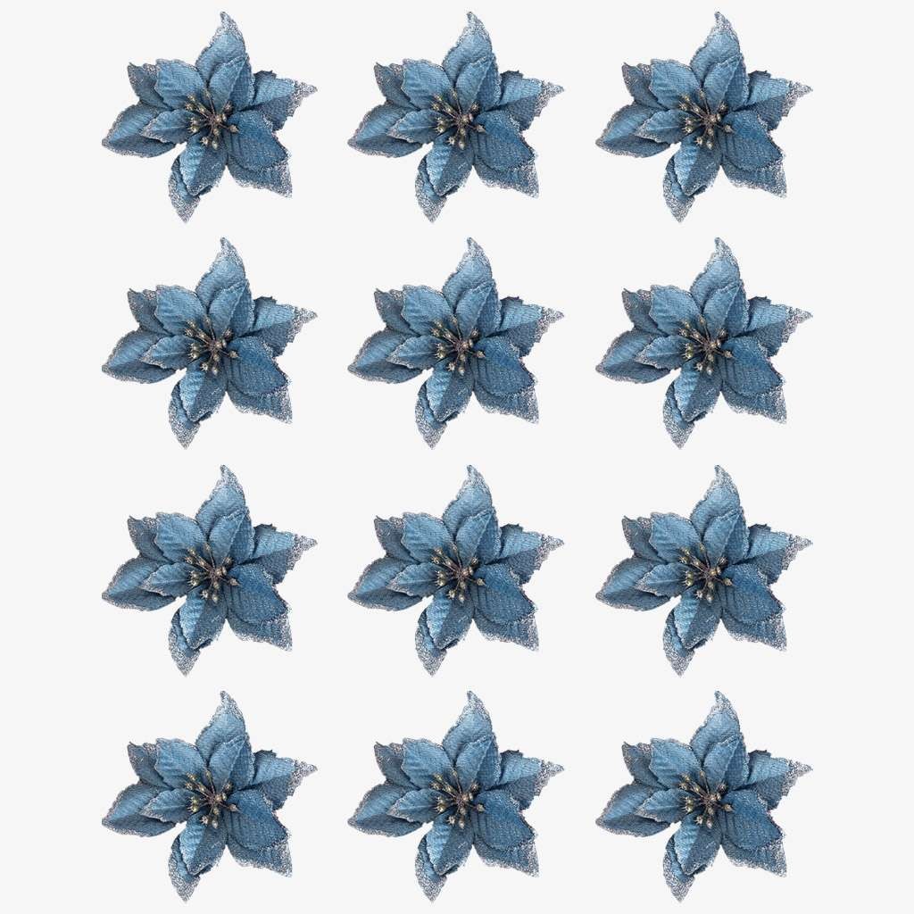 12pcs Glitter Artificial Poinsettia Flower Christmas Tree Ornaments Home Decor