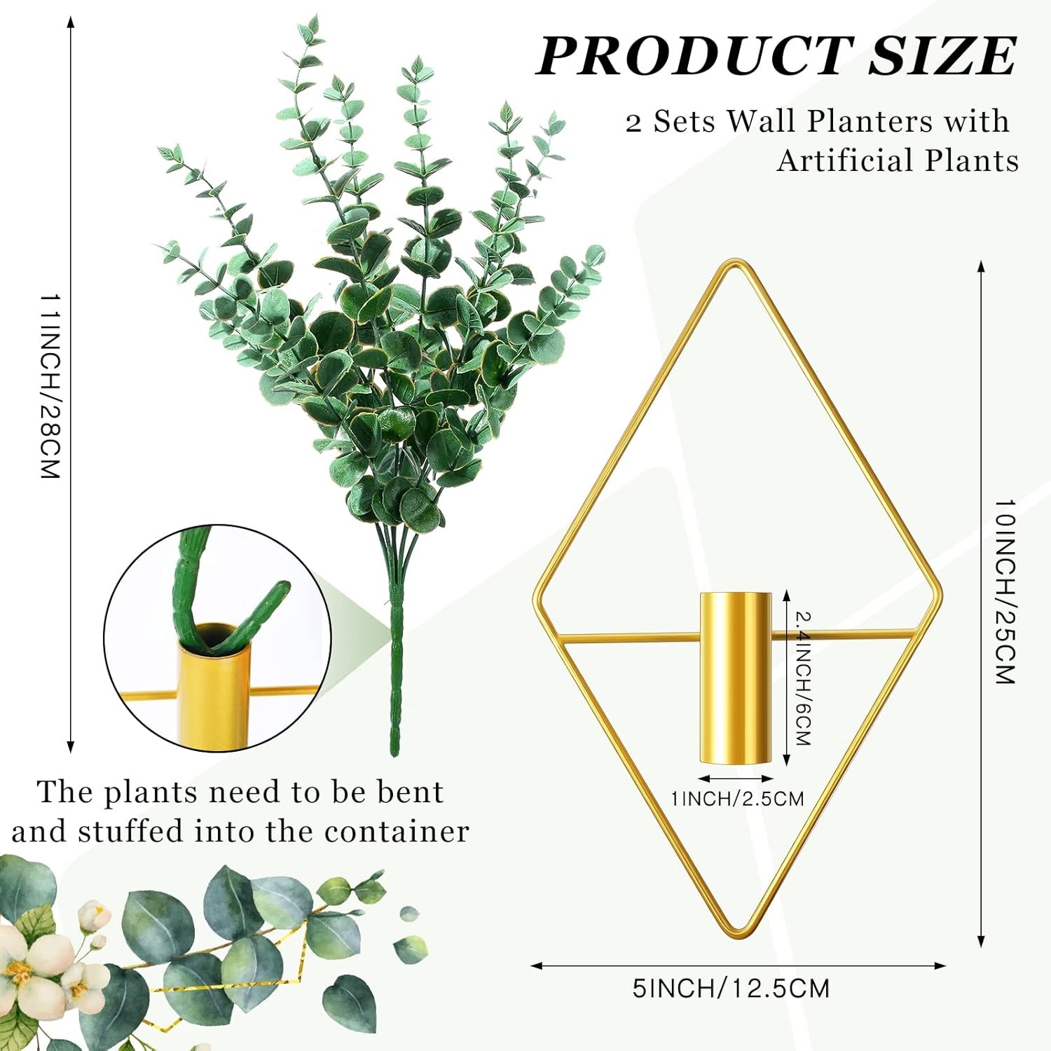 2 Pieces Gold Wall Decor Hanging Planters W/ Artificial Plants Metal Vase Indoor