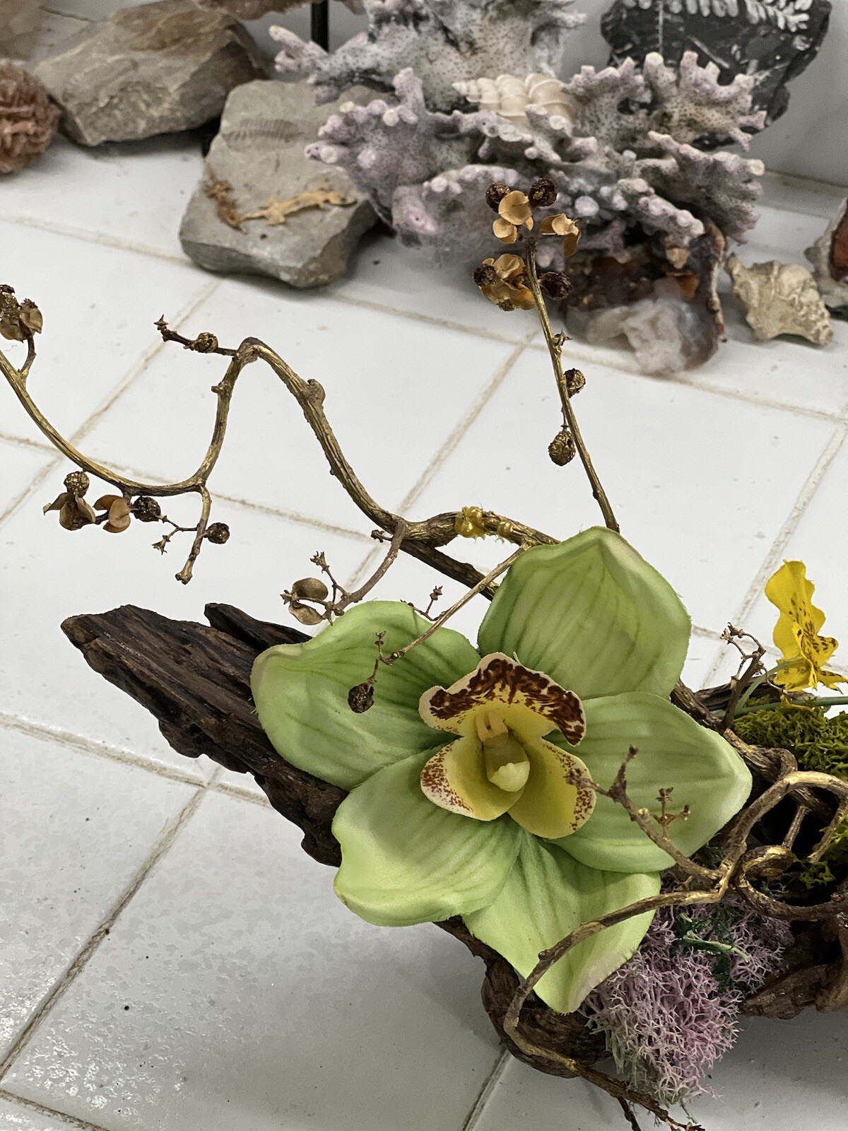 ONE OF A KIND FLORAL ARRANGEMENT REAL WOOD BASE ORCHIDS BITTERSWEET MOSSES