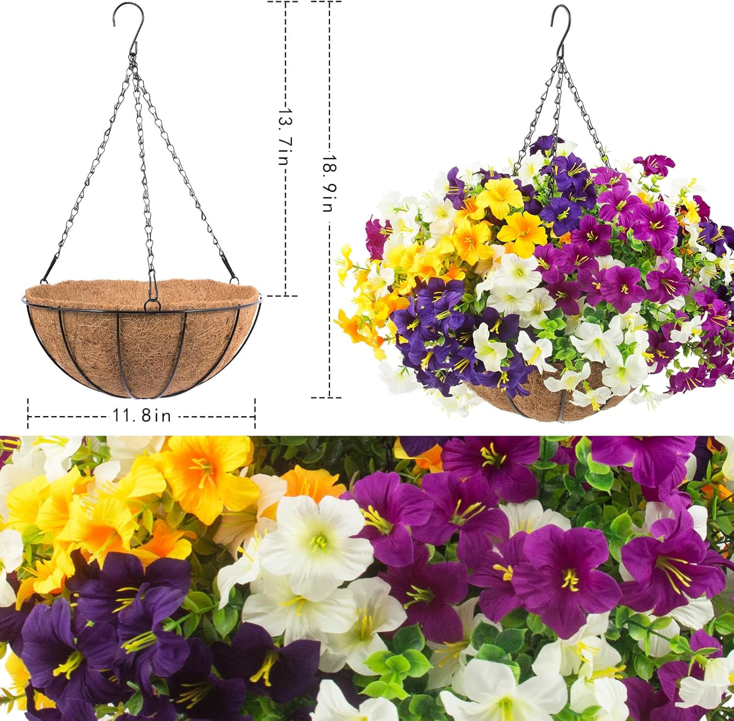 2 Set Artificial Outdoor Flowers with Hanging Baskets,24 Pcs UV Resistant Faux P