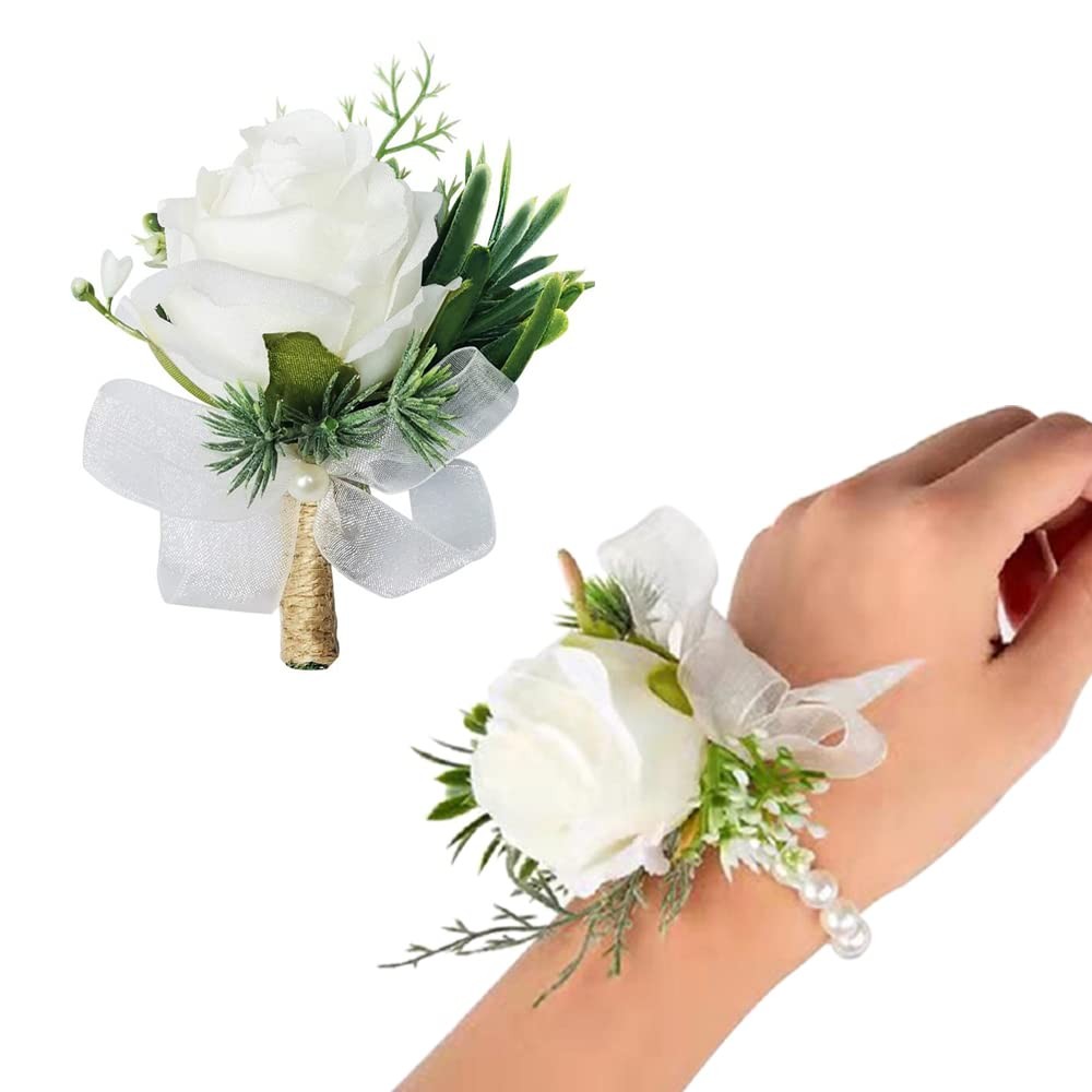 Rose Corsage and Boutonniere Set, 2PCS Handmade Artificial Flower Bride Wrist…