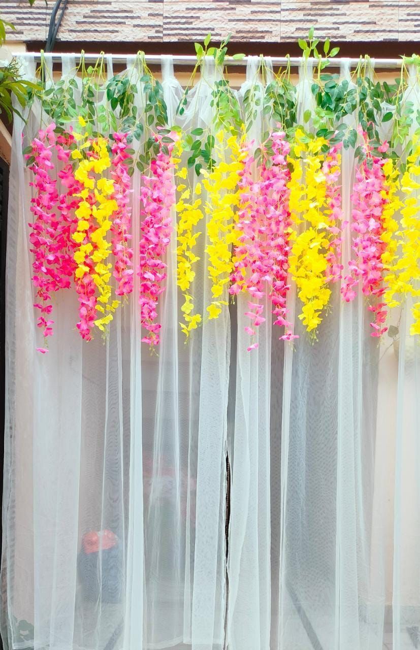 Haldi Decoration Backdrop Fabric With Marigold Garlands Complet Party Backdrop