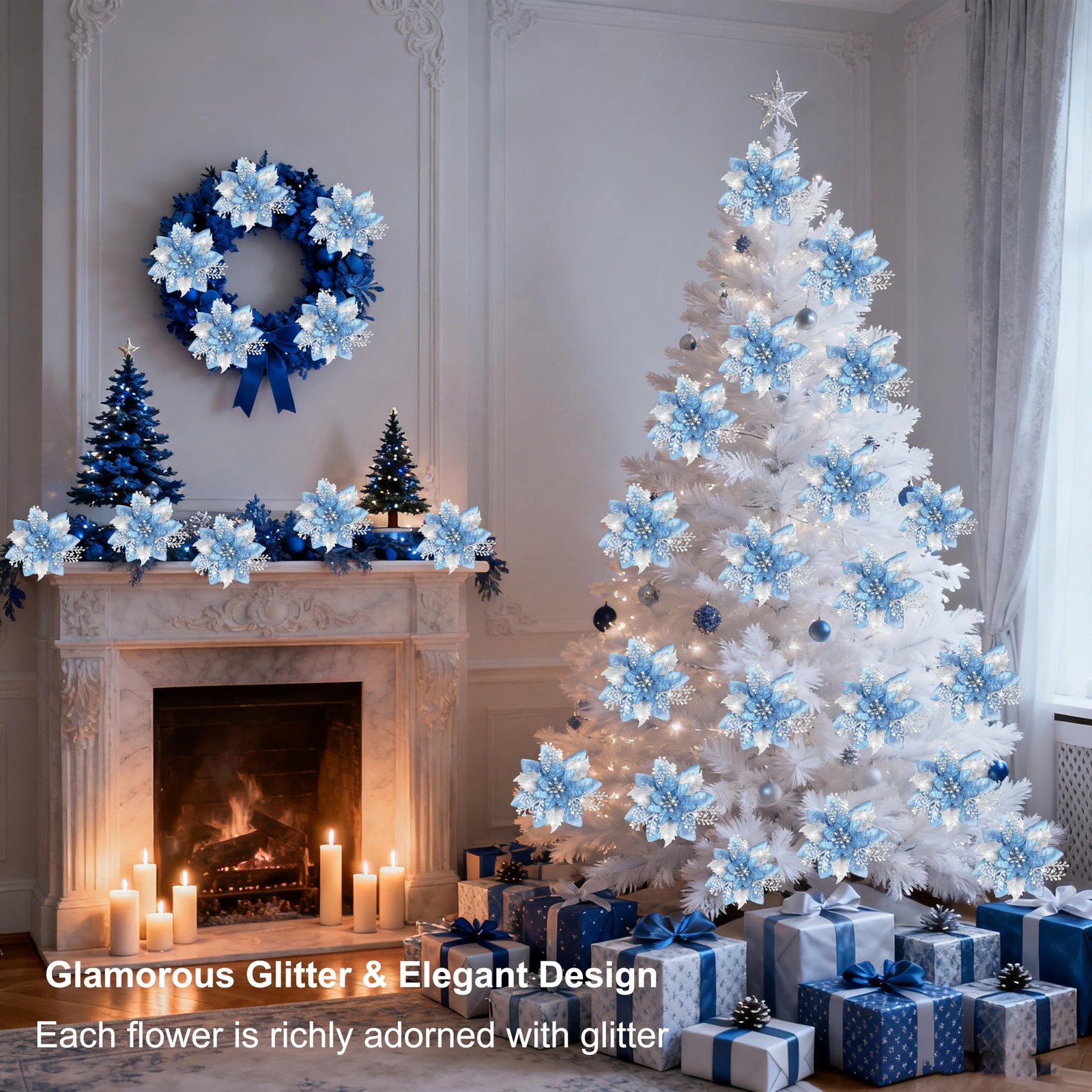 Artificial Christmas Flowers 24 PCS 5.9 Inch Glitter Poinsettias Blue Clip