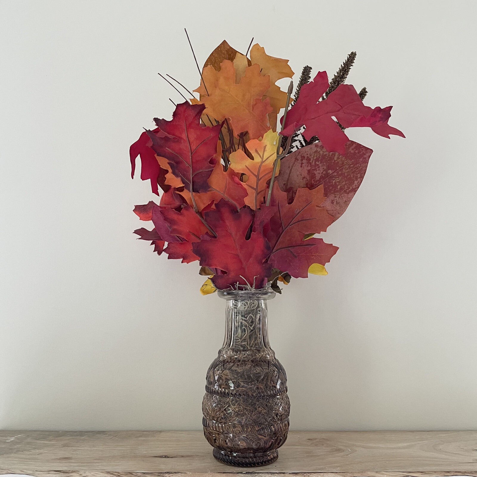 Handmade Artificial Sunflower Fall Leaves Arrangement in Amber Glass Vase