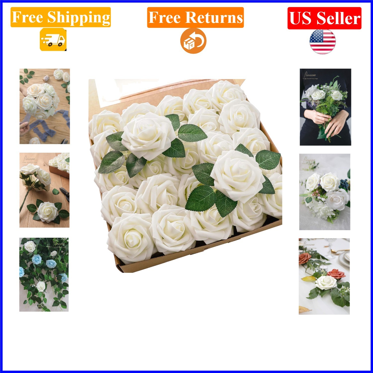 25pcs Ivory Artificial Foam Roses for Weddings & Decor, Flexible Stems