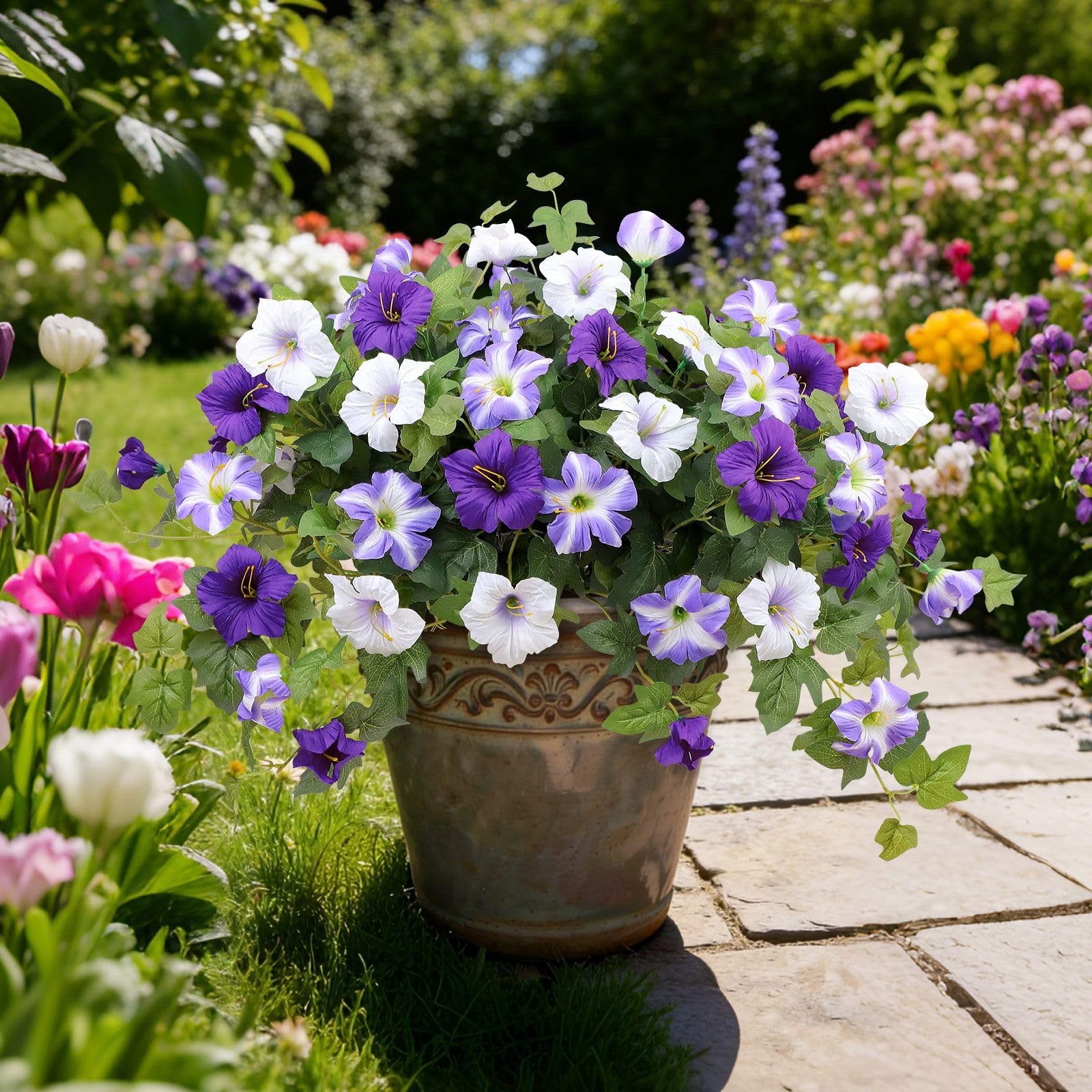 Artificial Flowers for Outdoors, 2 PCS Purple Morning Glory UV Resistant
