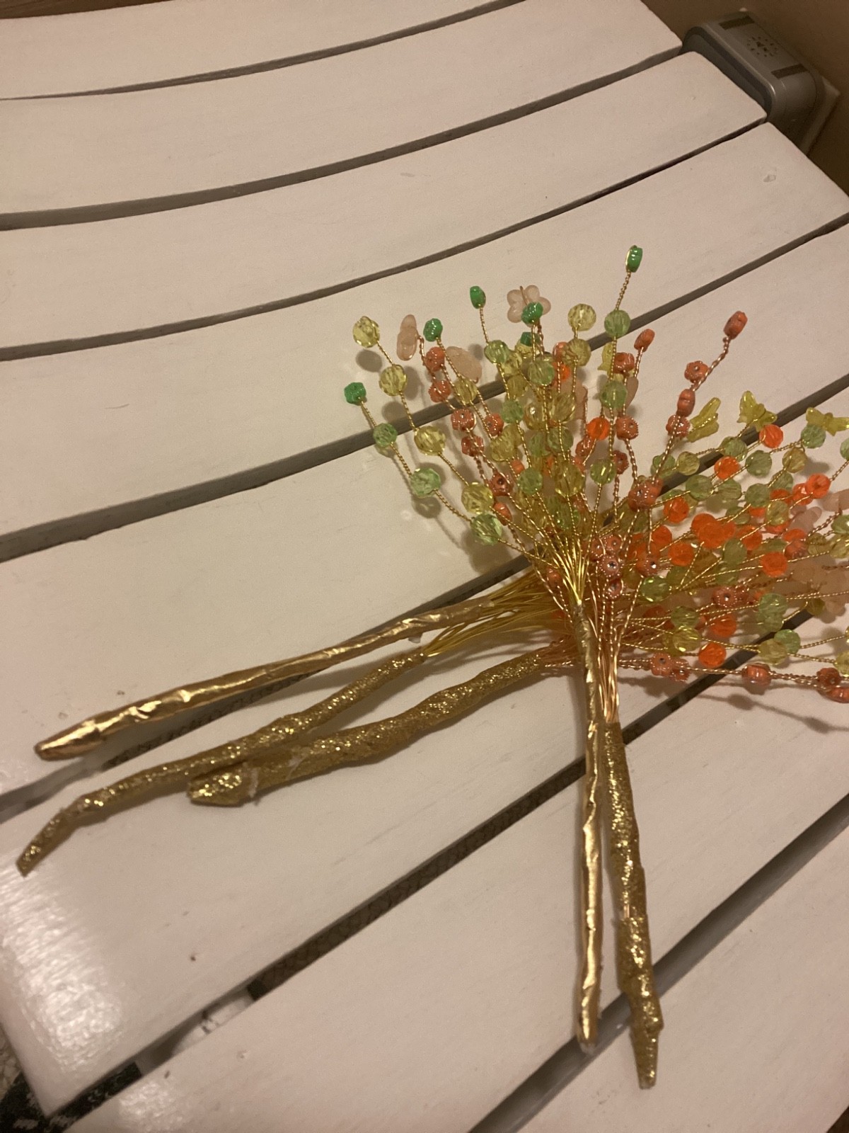 HANDMADE WIRE BEADED BOUQUET HOME DECOR YELLOW ORANGE GREEN WITH BOW