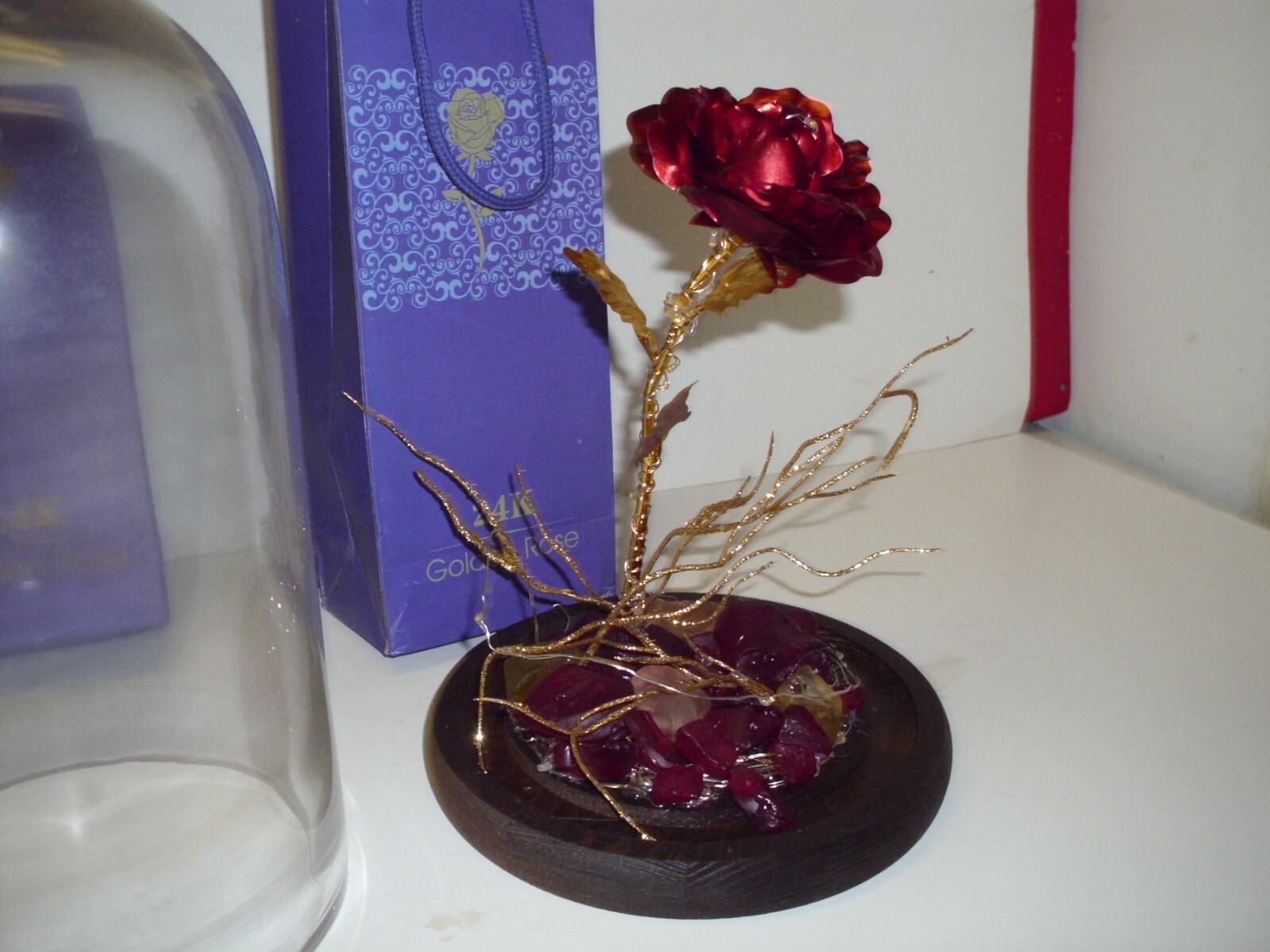 24K Golden Rose Gold Dipped Rose Box,Bag,Lights Heavy Crystal Dome Oak Base