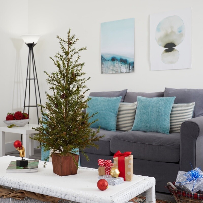 3ft Artificial Christmas Tree in Wood Planter W/ Faux Pine Cones Indoor Decor US