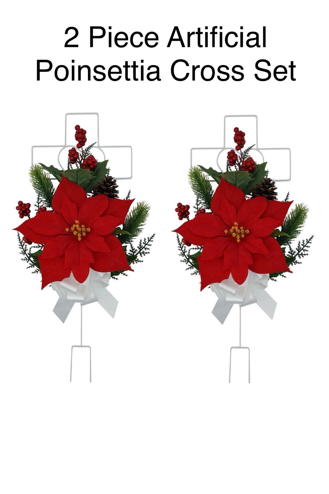 Mainstays 19.75” Artificial Red Poinsettia Wire Cross Cemetery Stakes – Set of 2