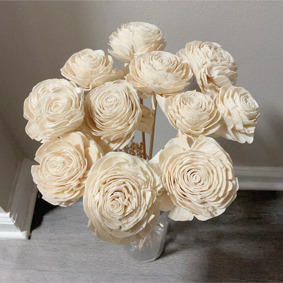 Aesthetic Beige Wood Rose Flower Bouquet in Glass Vase Decor
