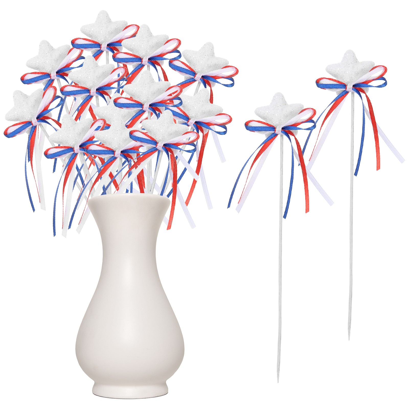 12 Pcs 4th of July Glitter Star Picks 8″ Sparkly Sticks with Bowknot (White)