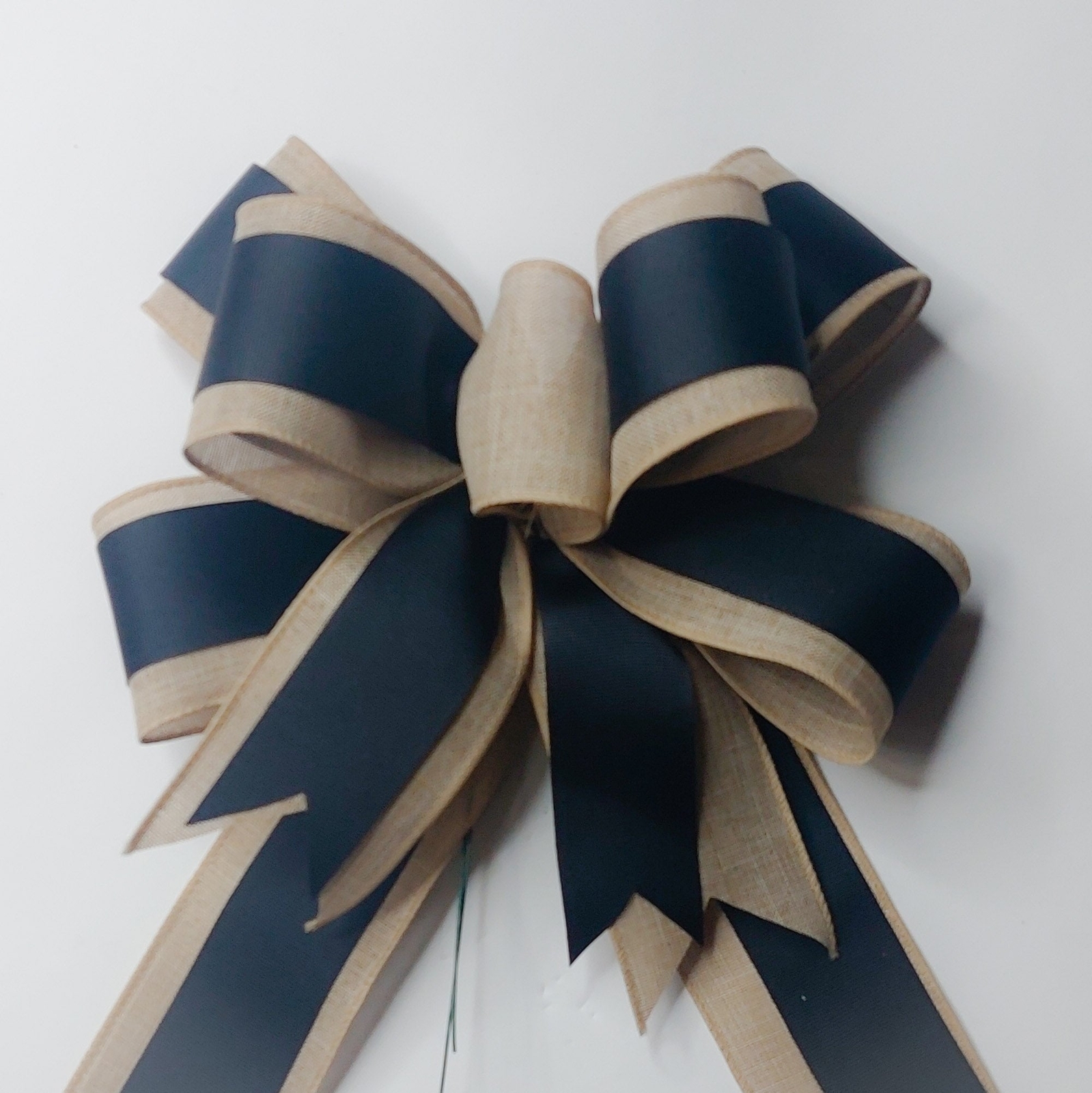 Wreath Bow, Black Grosgrain and Beige Linen