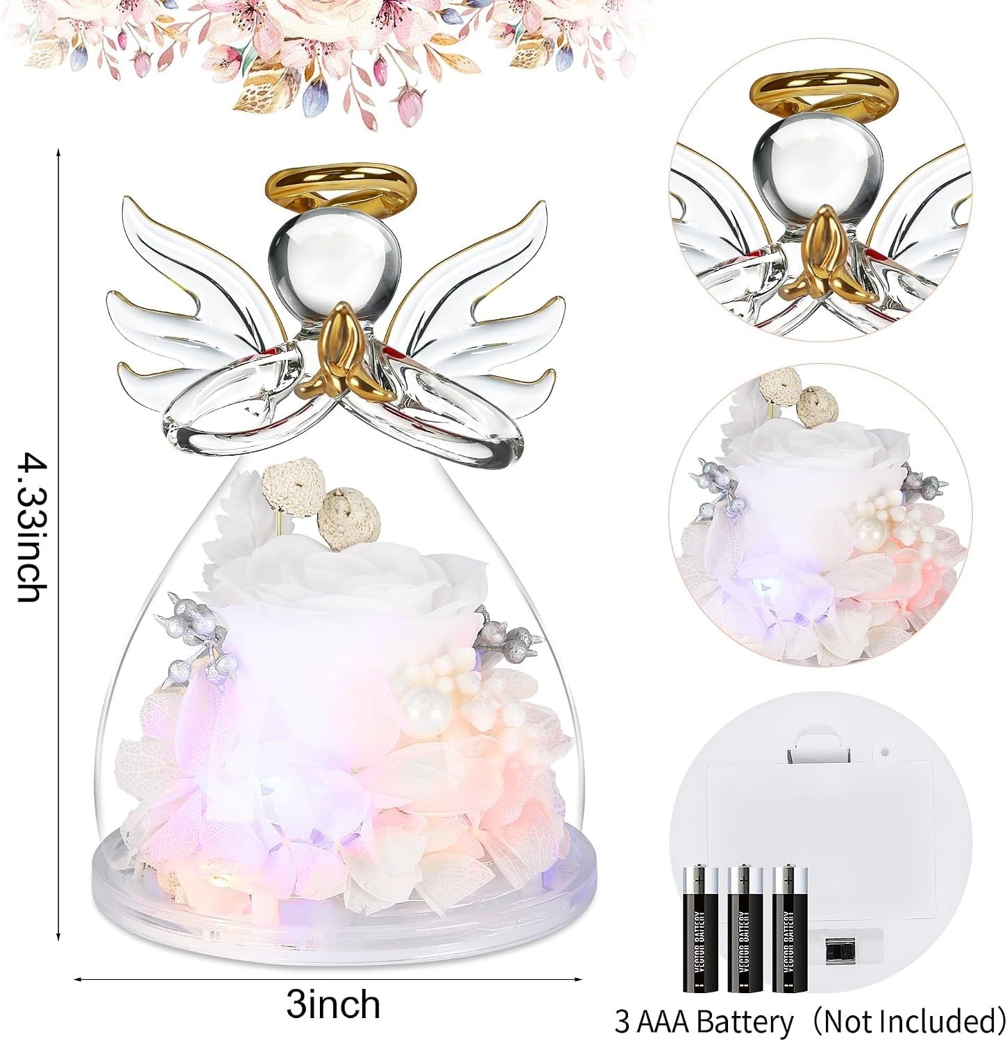 Elegant Light-Up Preserved Rose in Glass Angel Figurines – Perfect Gift for Her