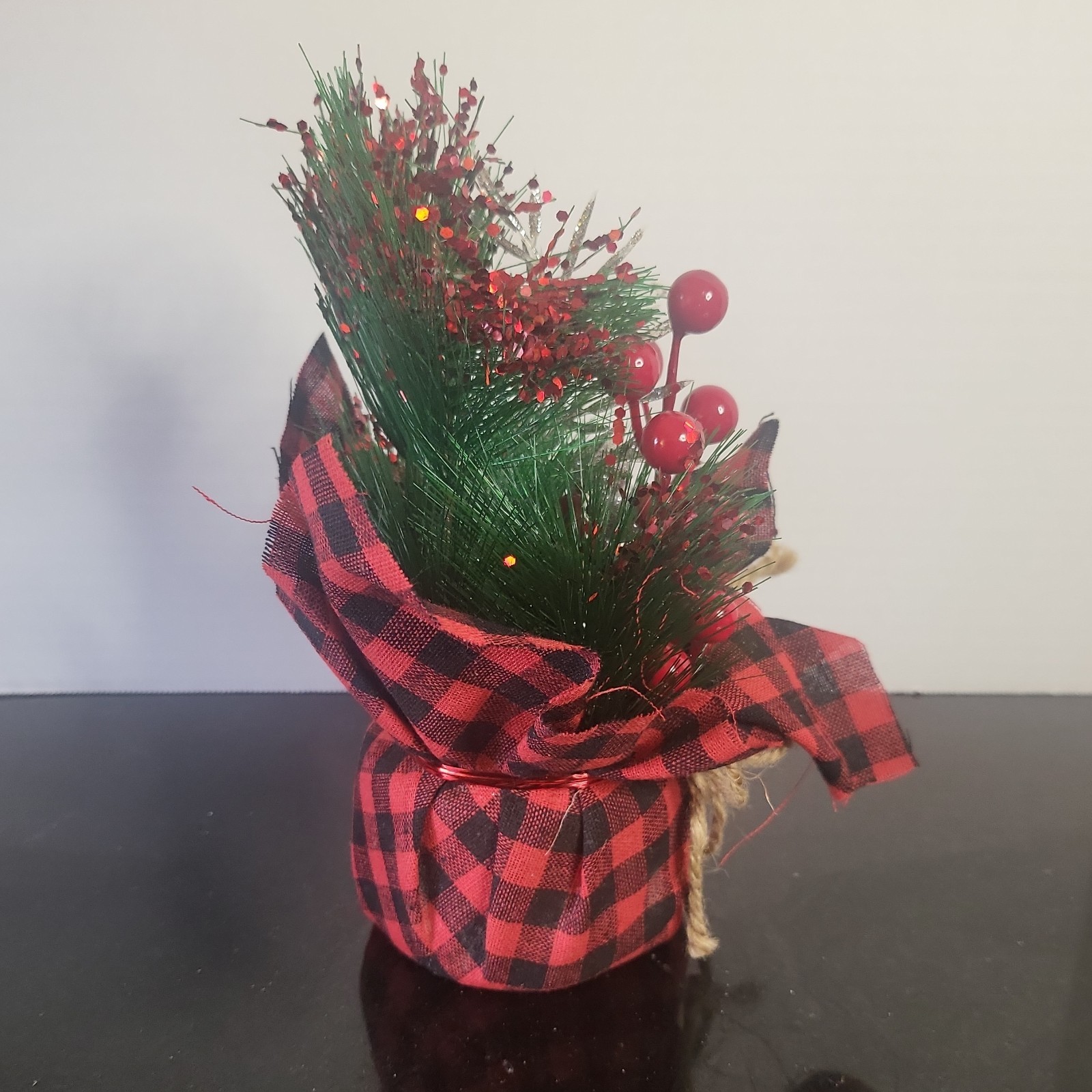 Artificial Christmas Pine & Berry Arrangement Centerpiece w/ Buffalo Plaid Wrap