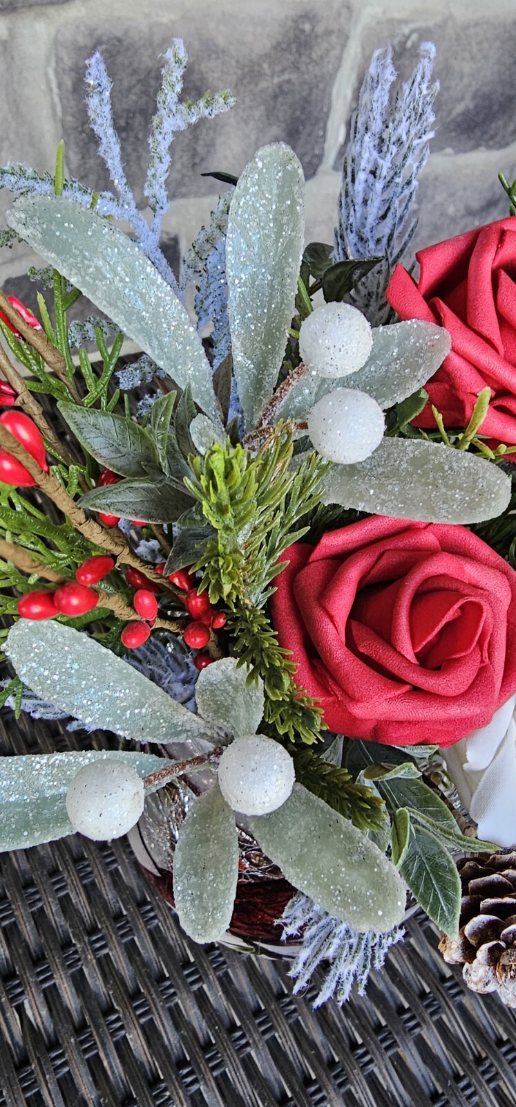 Faux Floral Arrangement Centerpiece In Cracked Glass Vase With Painted Cardinal