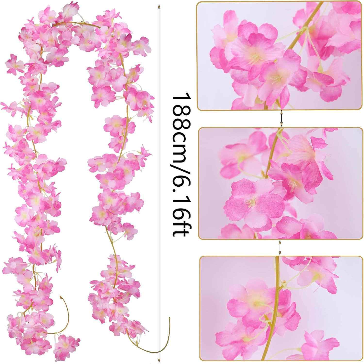 2 Pcs Artificial Cherry Blossom Flower Vines Cherry Blossom Garland 18.48 Ft Han
