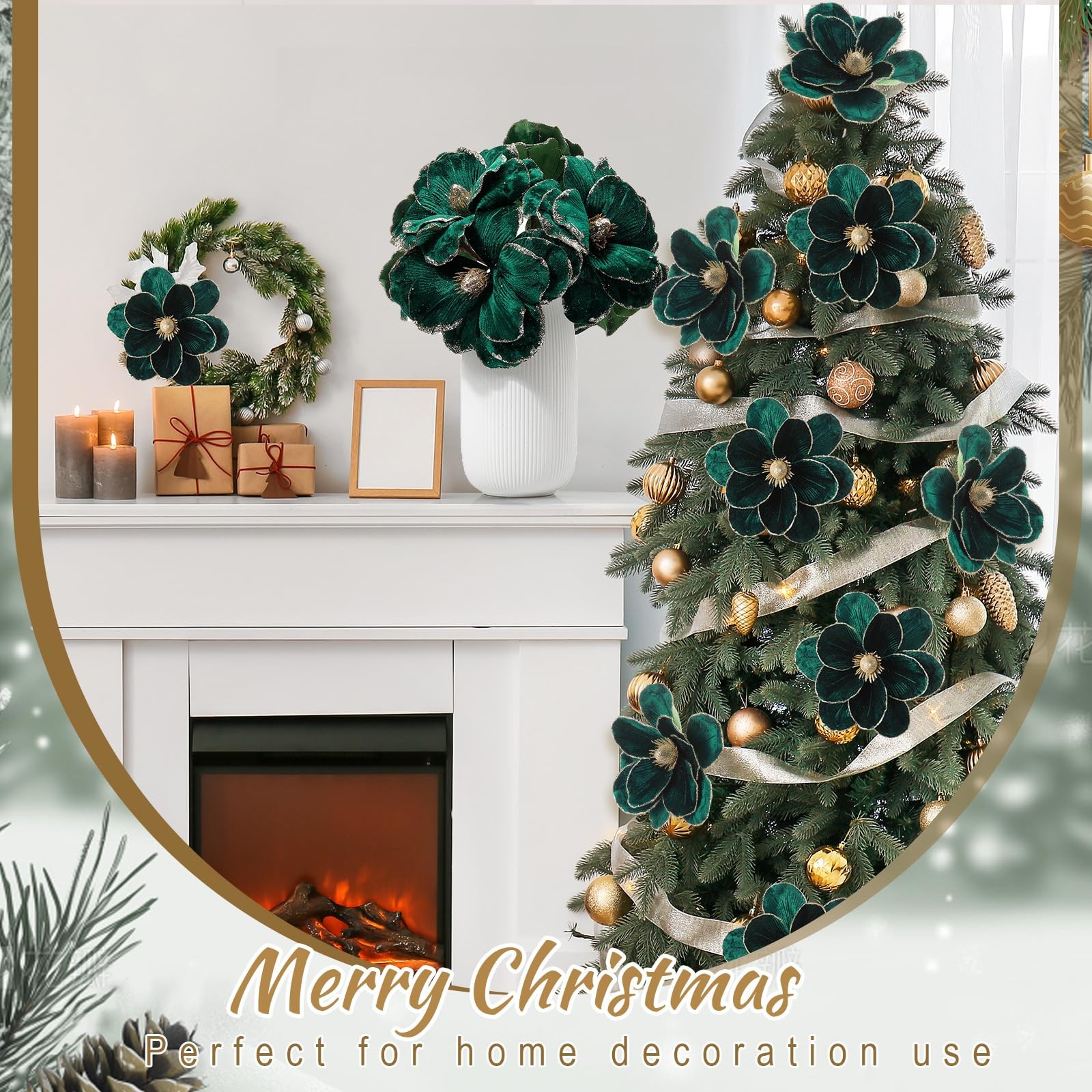 18 PCS Dark Green Large Velvet Christmas Poinsettia Magnolia Flowers Decor Set