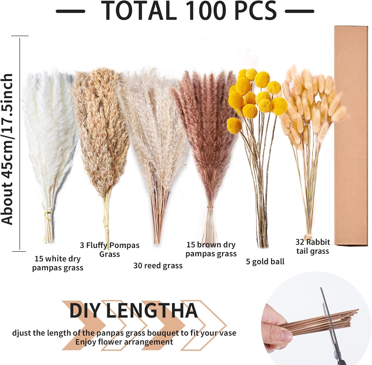 100pcs Natural Dried Pampas Grass Set – 17.5″ Fluffy Boho Bouquet for Vase Decor