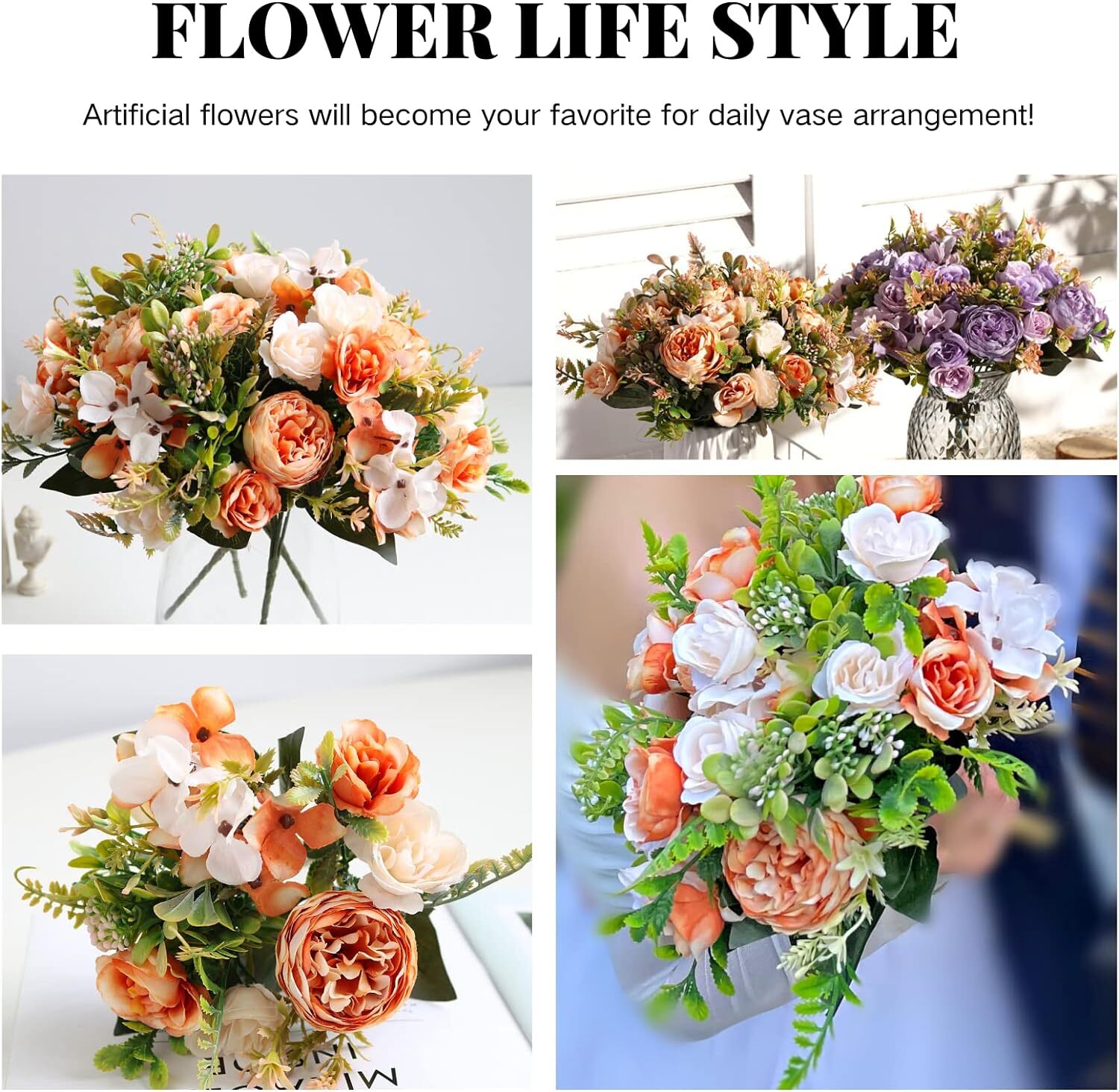 Orange Artificial Flowers: 2Pcs Fake Peony Silk Hydrangea Bouquet, Fall Rose Cen