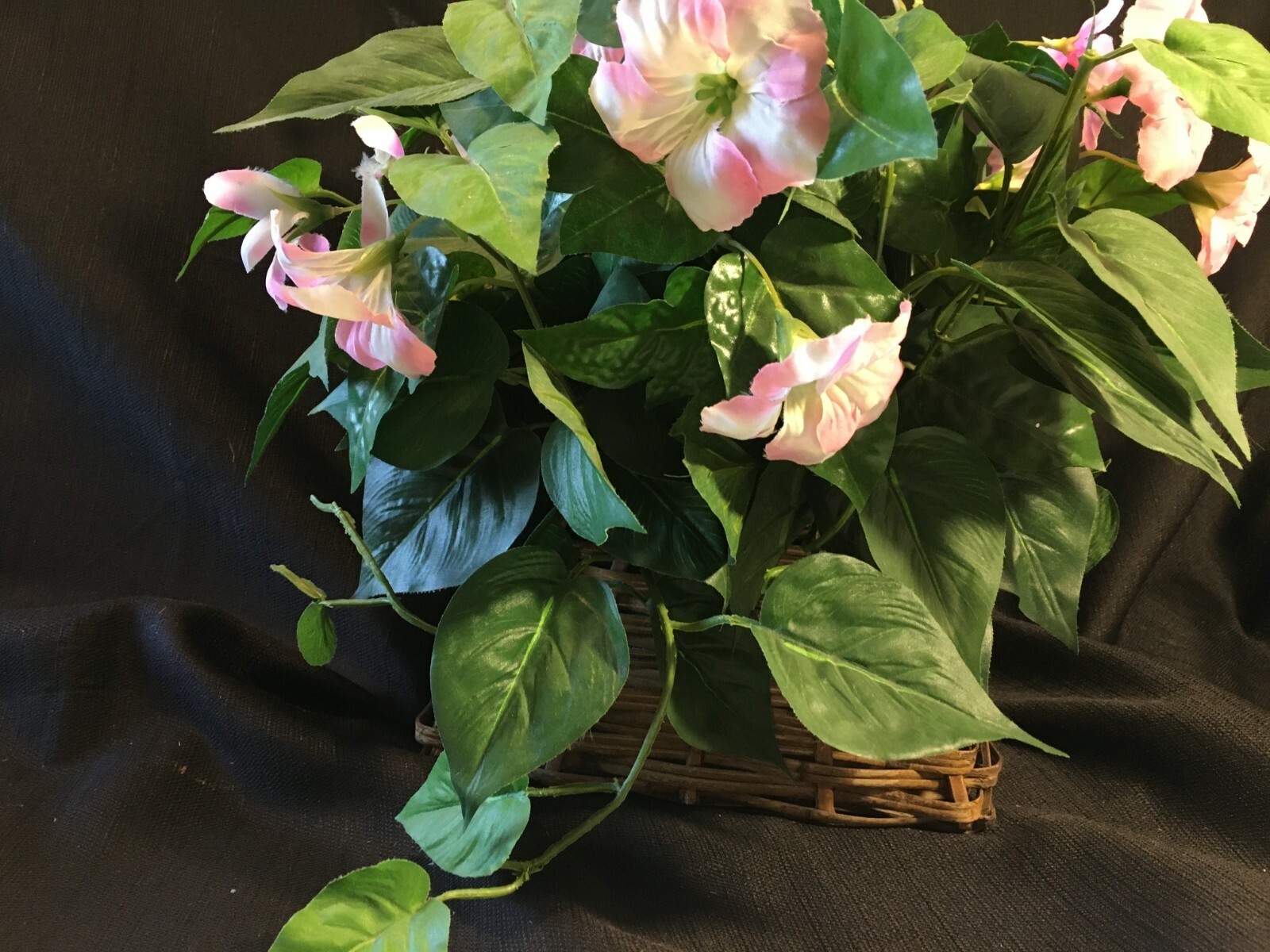Faux Silk Pink Petunia Greenery In Brown Wicker Basket
