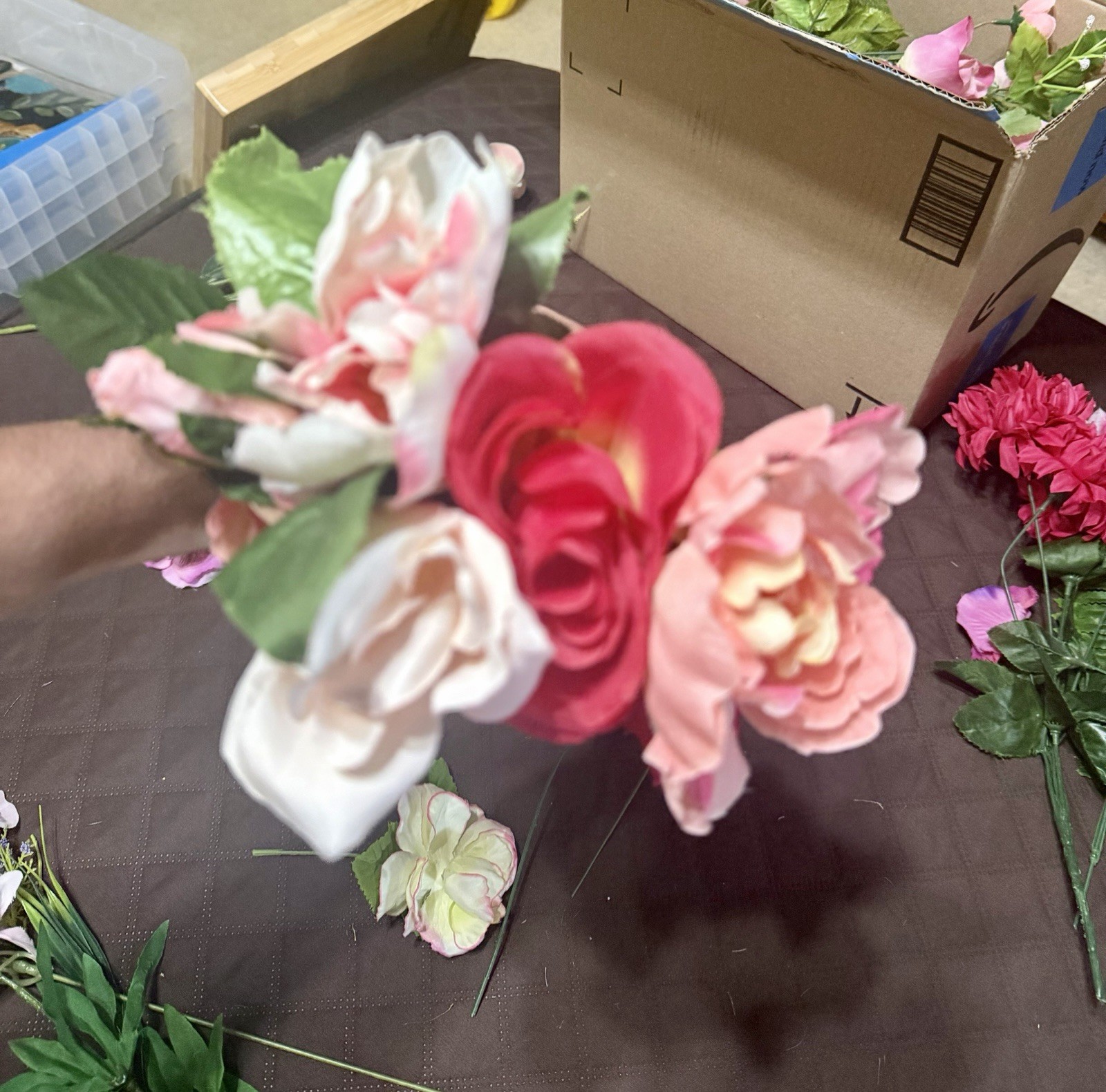 Large Lot / Box of Miscellaneous Artificial Silk Flowers – Pink Shades