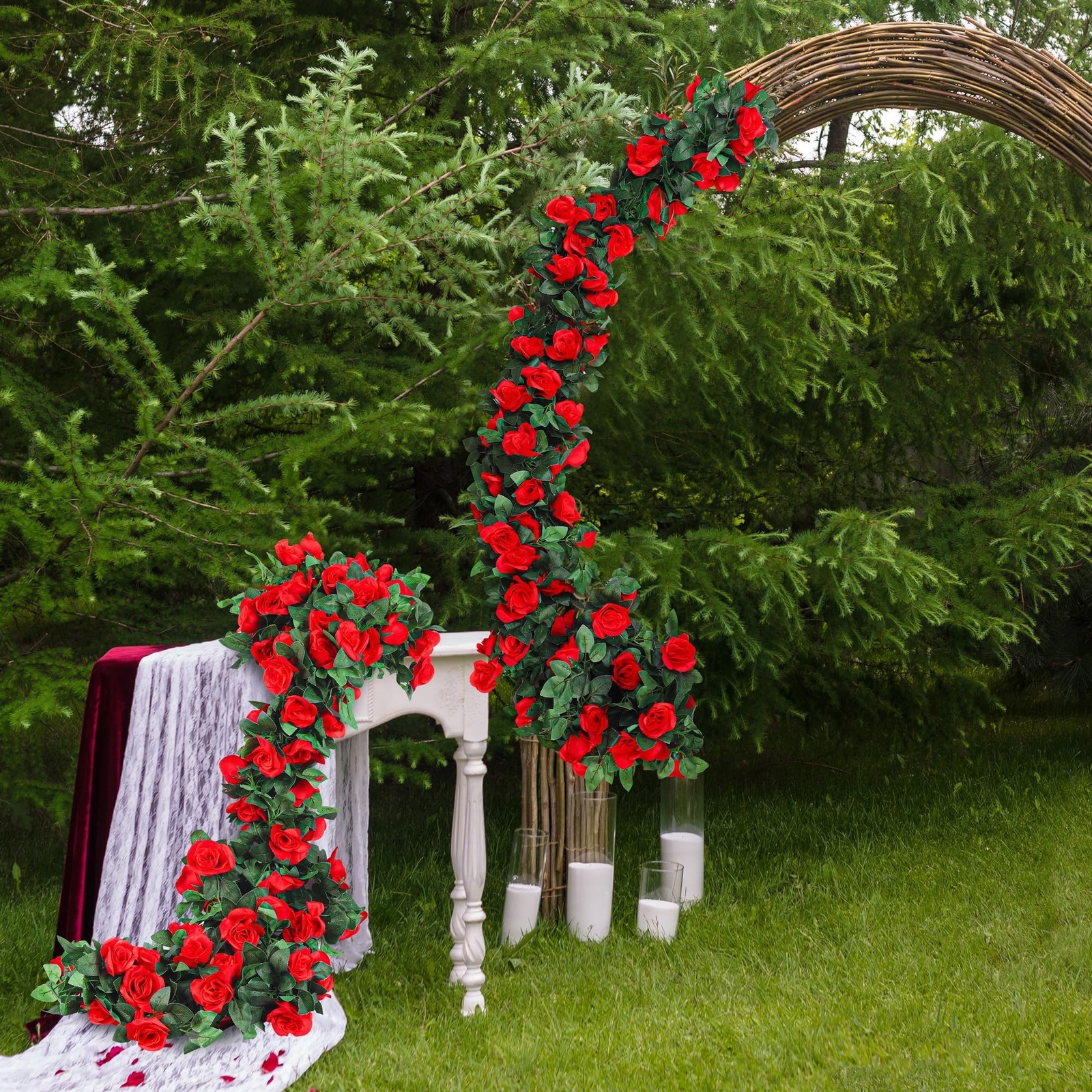 Aneco 8 Pack 64 FT Red Flower Garland Kentucky Artificial Rose Vines Derby Ro…
