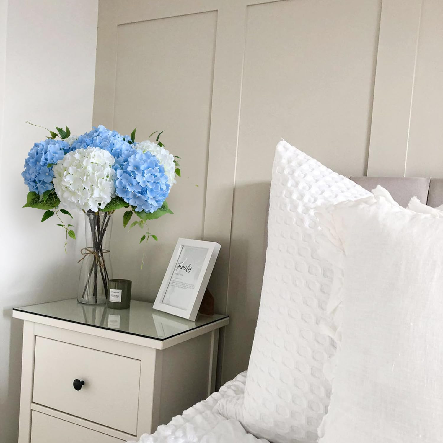 Blue Flowers Hydrangea Artificial Flowers, 5Pcs 20Inch Large Lifelike Silk Artif