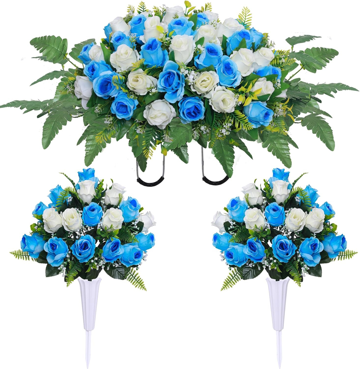 3 Pcs Blue White Cemetery Flower Saddles for Grave Memorial Decorations