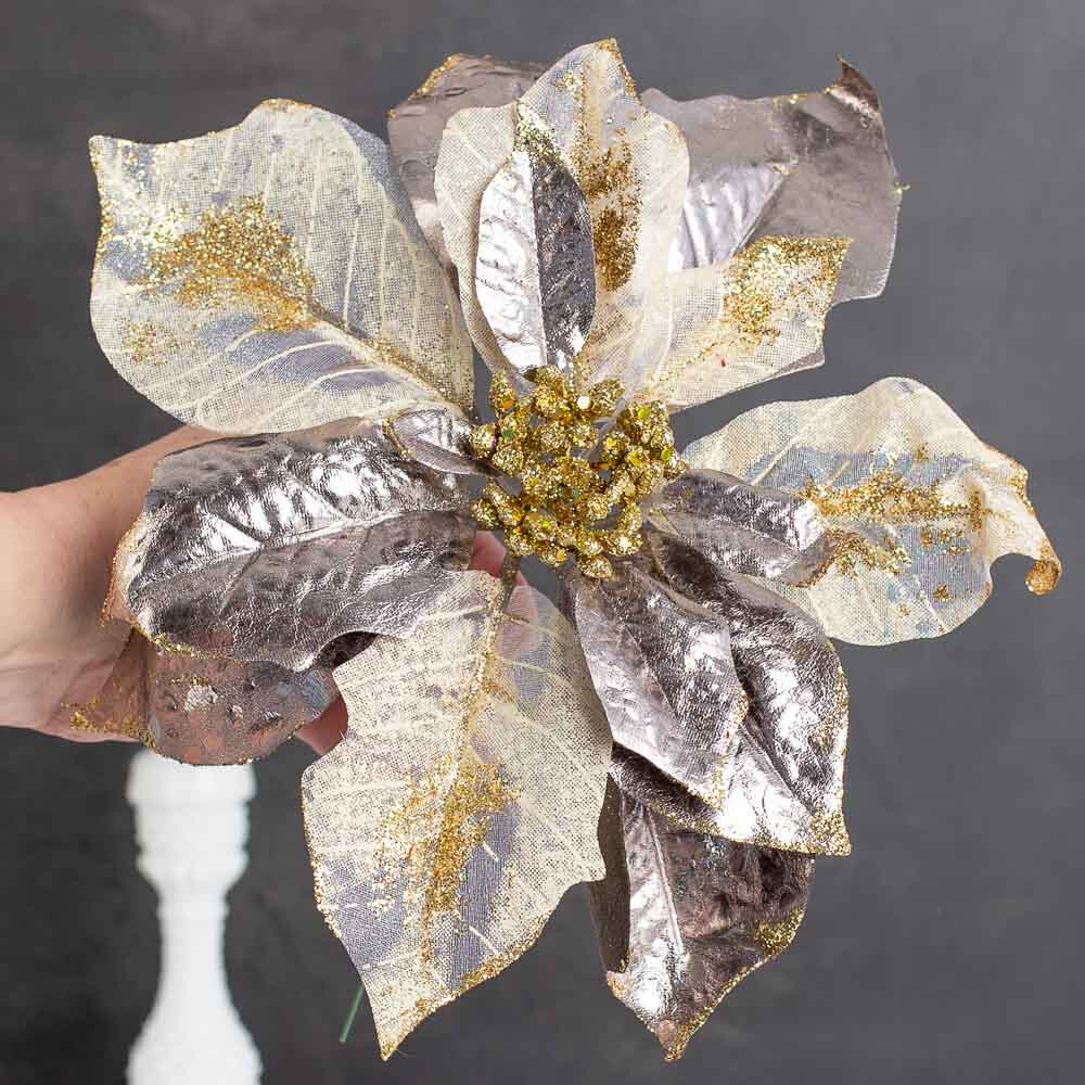 Set of 2 Platinum Sparkling Satin and Mesh Artificial Poinsettia 8″ Picks