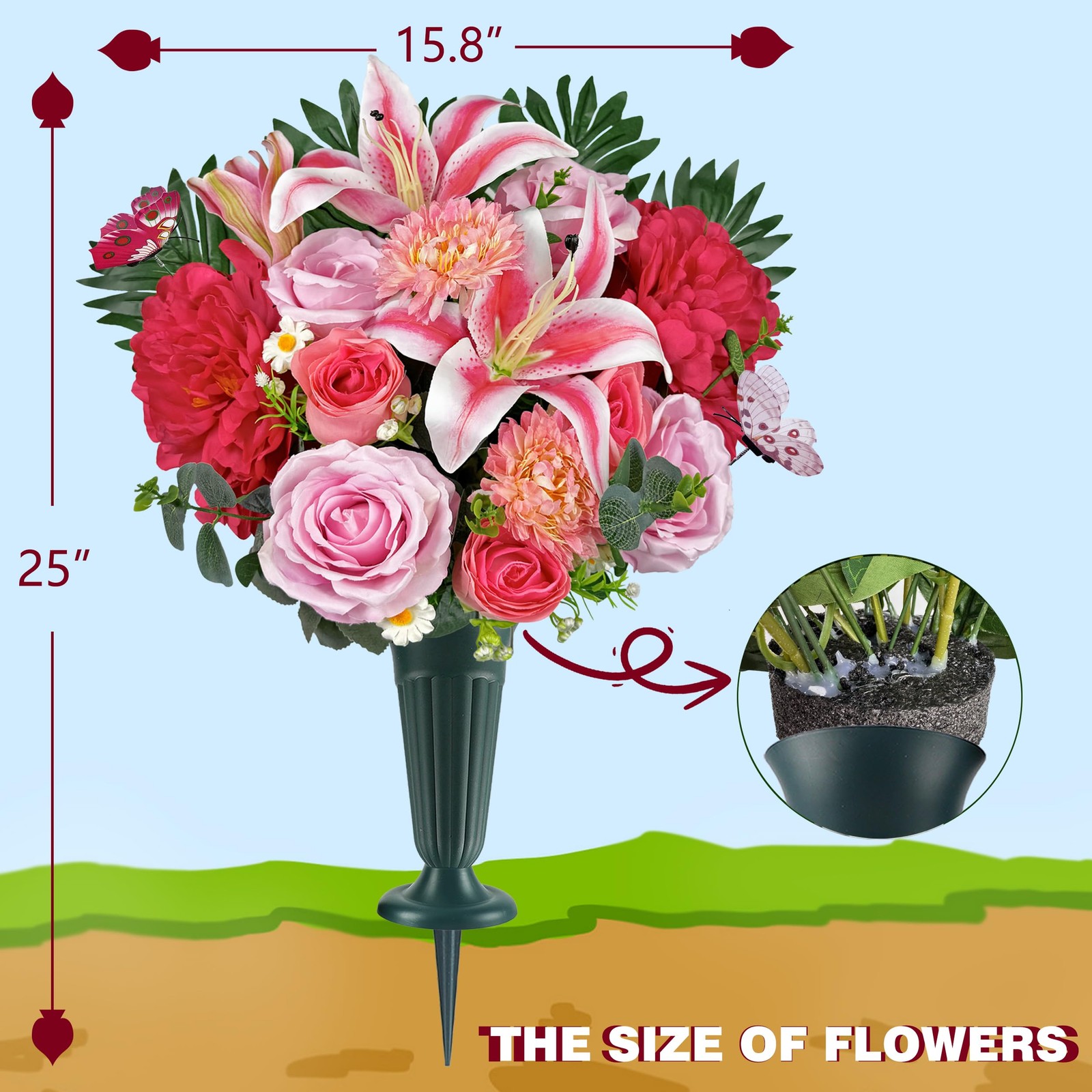 Colorfast Cemetery Flowers Grave Vase Pink Roses Headstone Sympathy Memorial