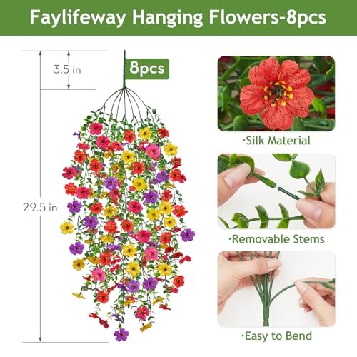 Artificial Hanging Flowers for Outdoors Spring Summer 8PCS Summer Color