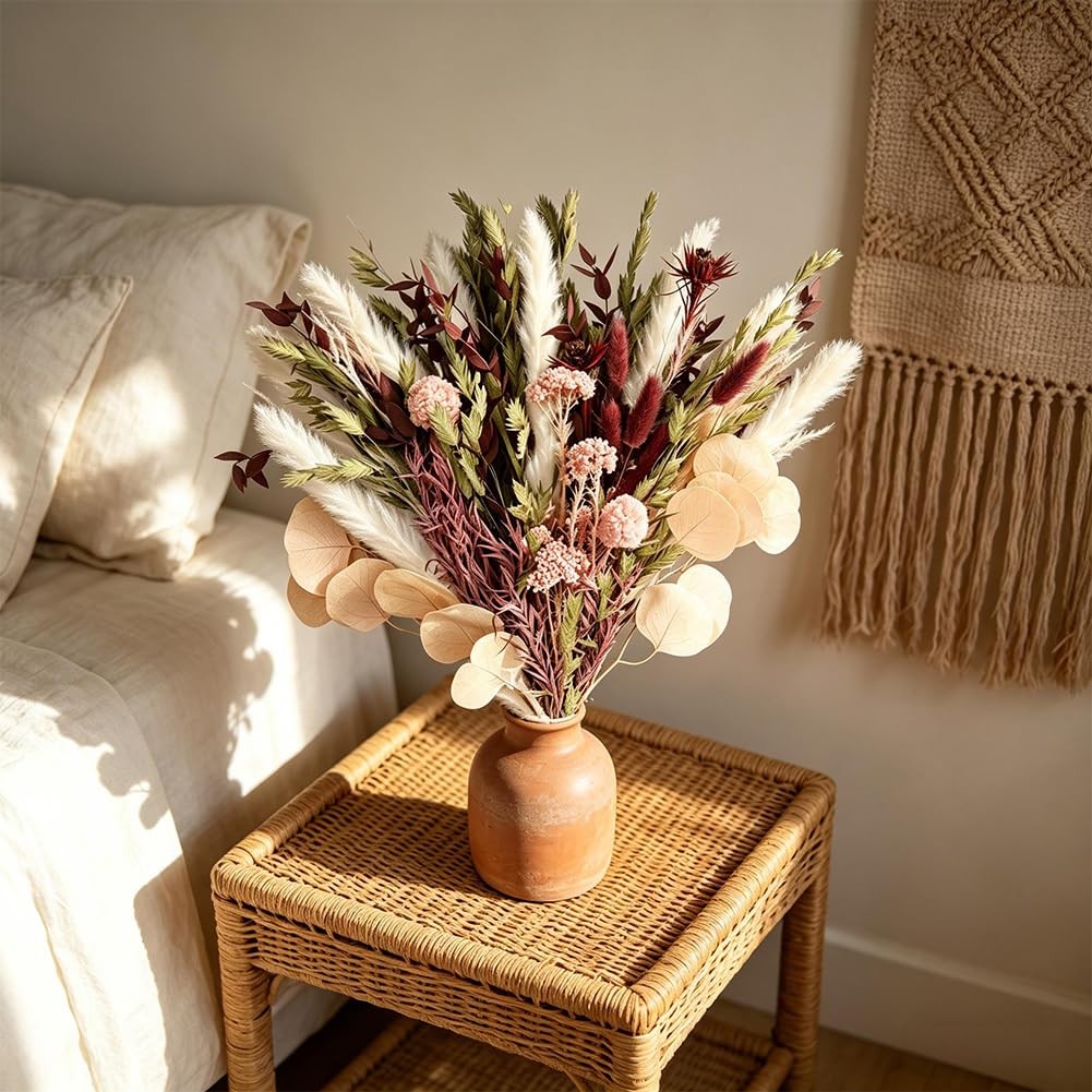Blush Pink & Burgundy Dried Flower Bouquet, Cream Pampas Grass with Sage Gree…
