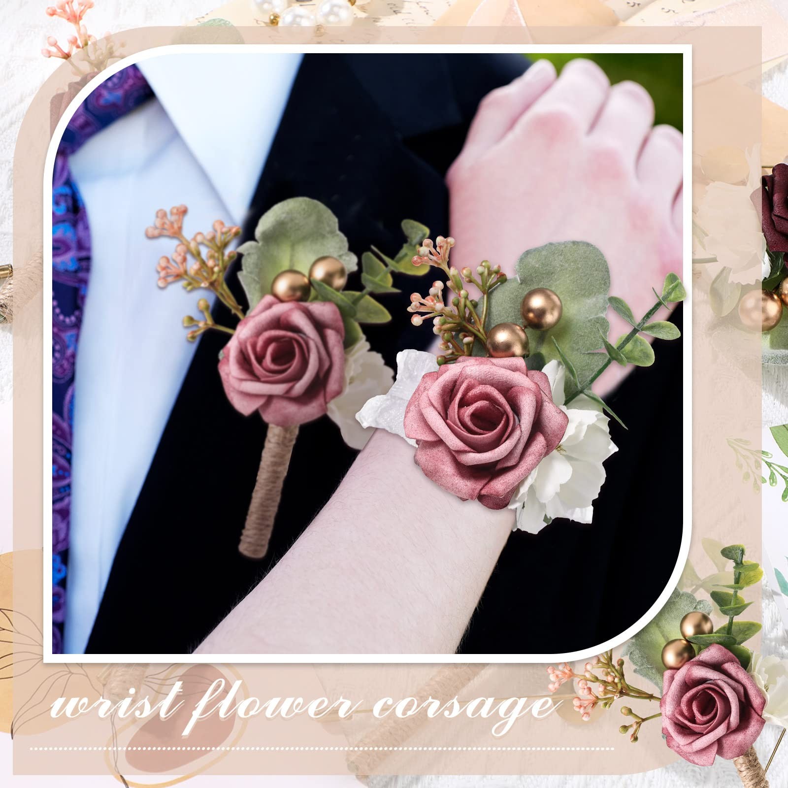 12 PCS Dusty Rose Wrist Corsage Boutonniere Set Wedding Prom Flower Suit Decor