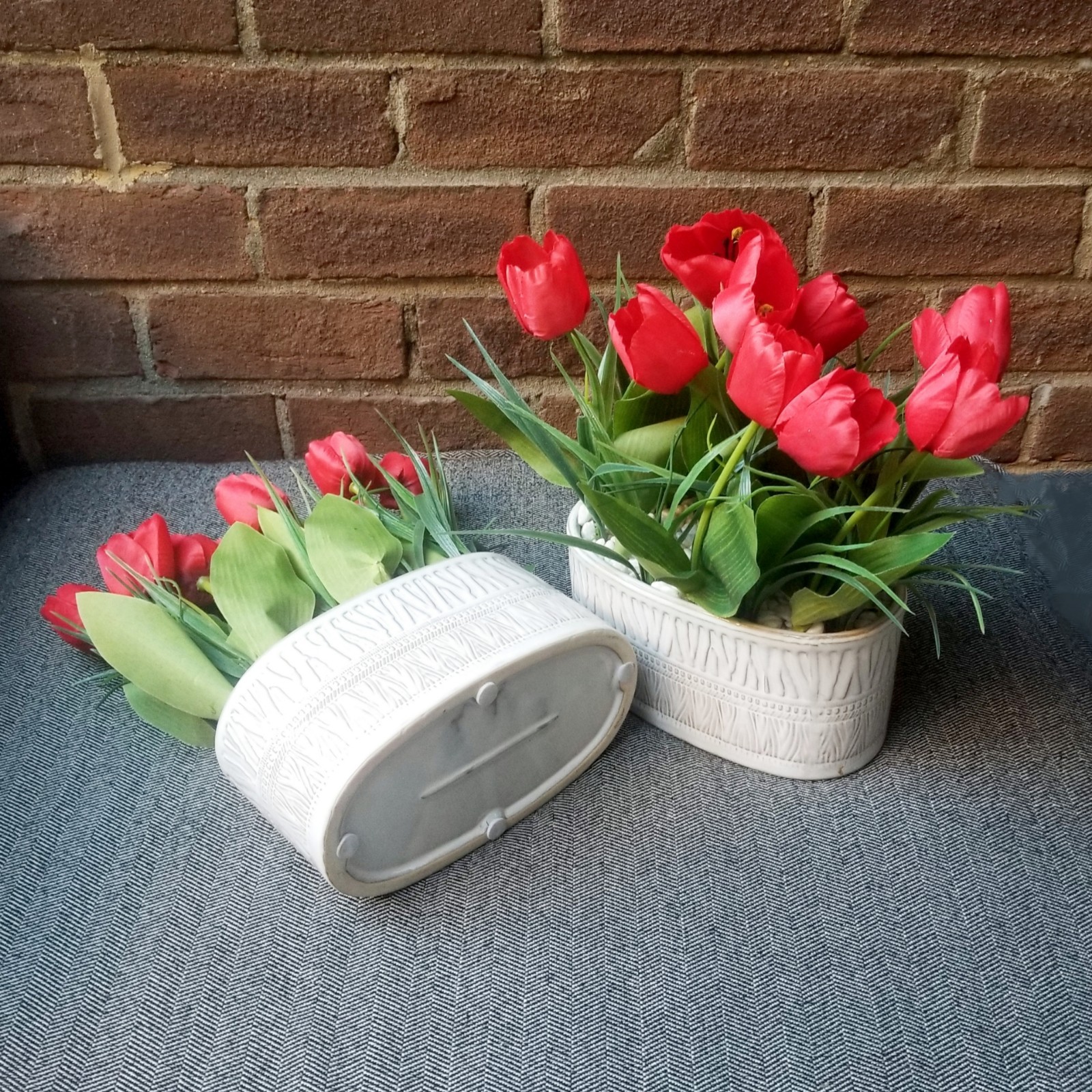 Red Tulips Flowers Planters Artificial Potted Houseplants White Pots Fake Set x2